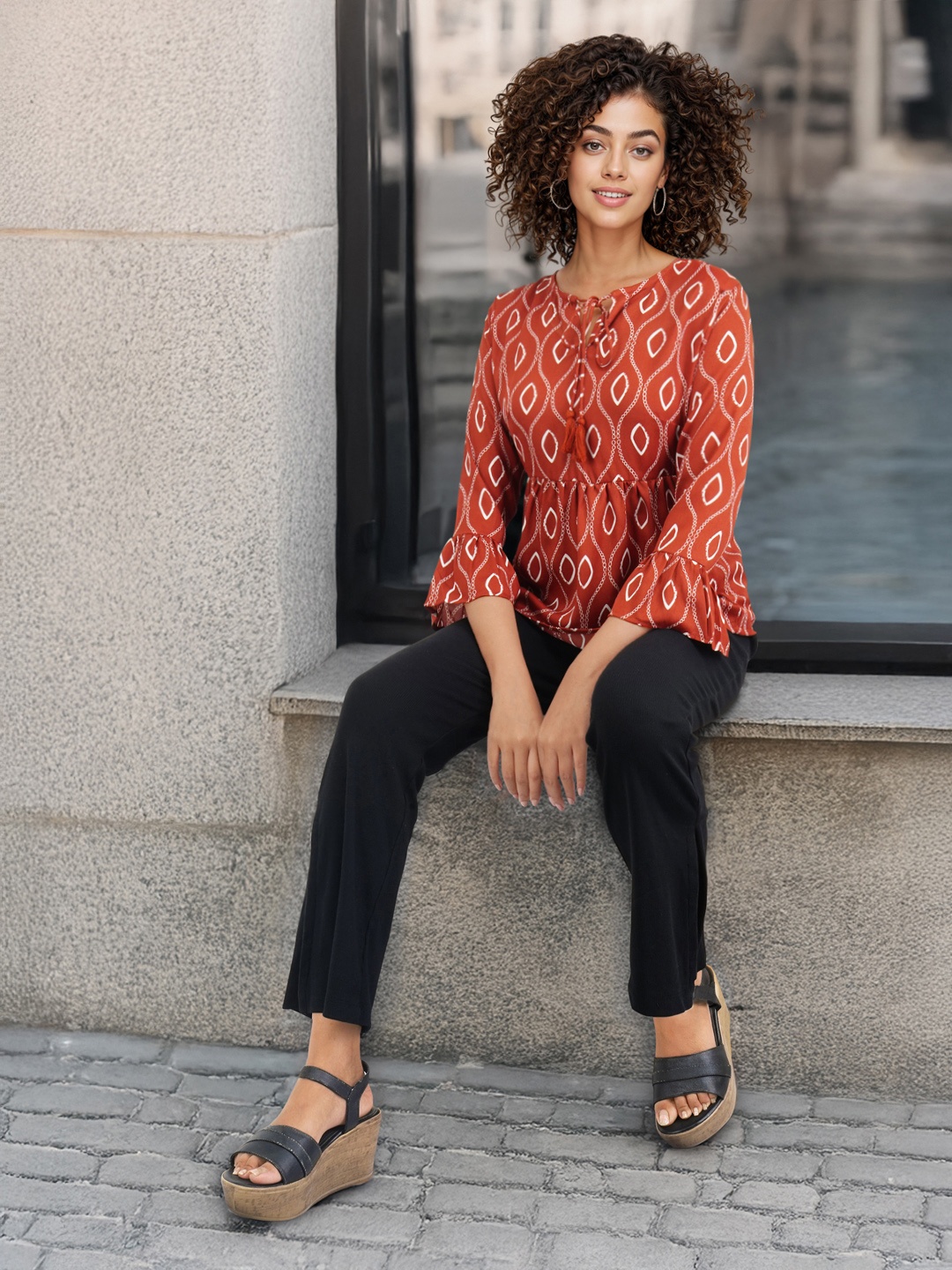 

DressBerry Printed Tie-Up Neck Bell Sleeve Peplum Top, Brown