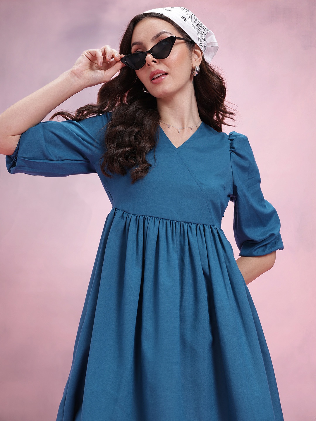 

DressBerry Puff Sleeve A-Line Dress, Teal