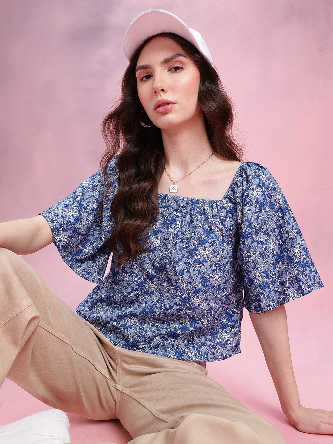 

DressBerry Ethnic Print Flared Sleeve Top, Blue