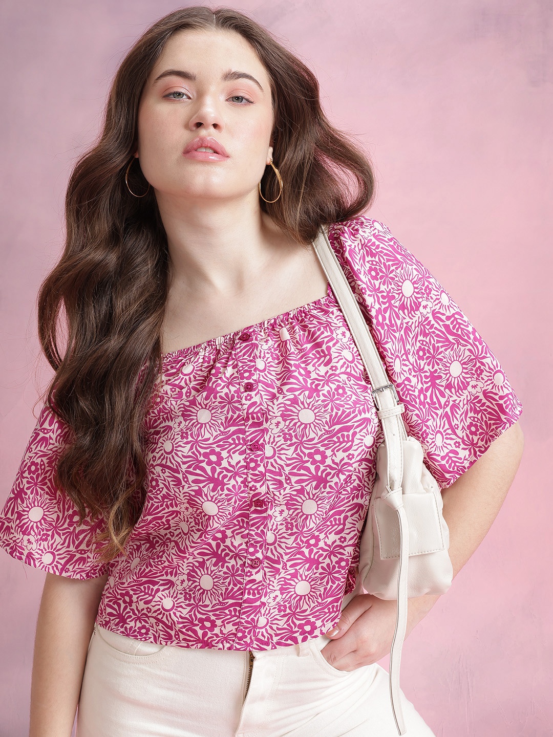 

DressBerry Floral Print Flared Sleeves Top, Beige