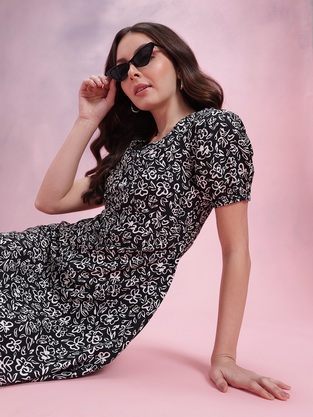 

DressBerry Print Puff Sleeve A-Line Dress, Black