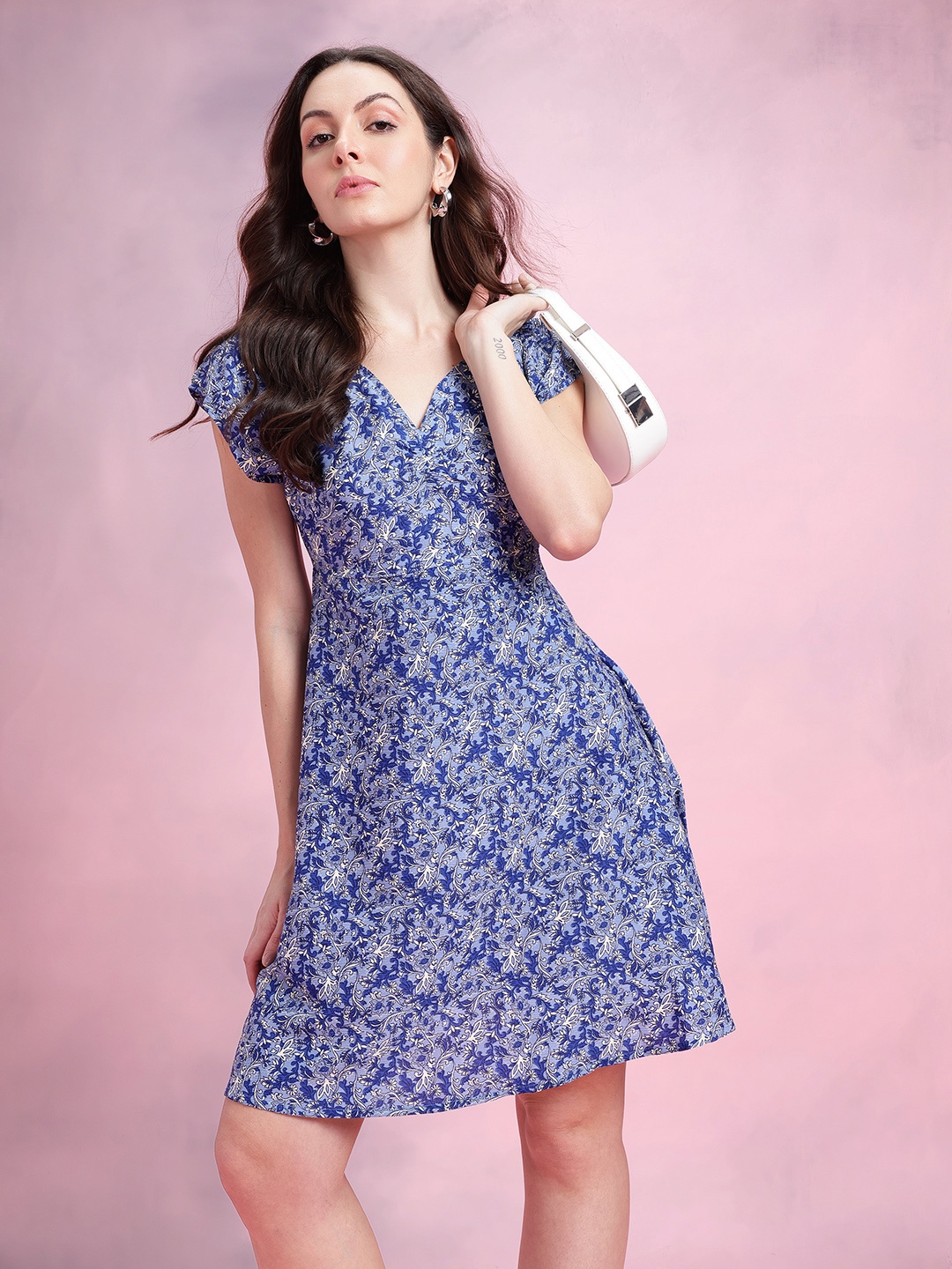 

DressBerry Floral Print Sweetheart Neck A-Line Dress, Blue