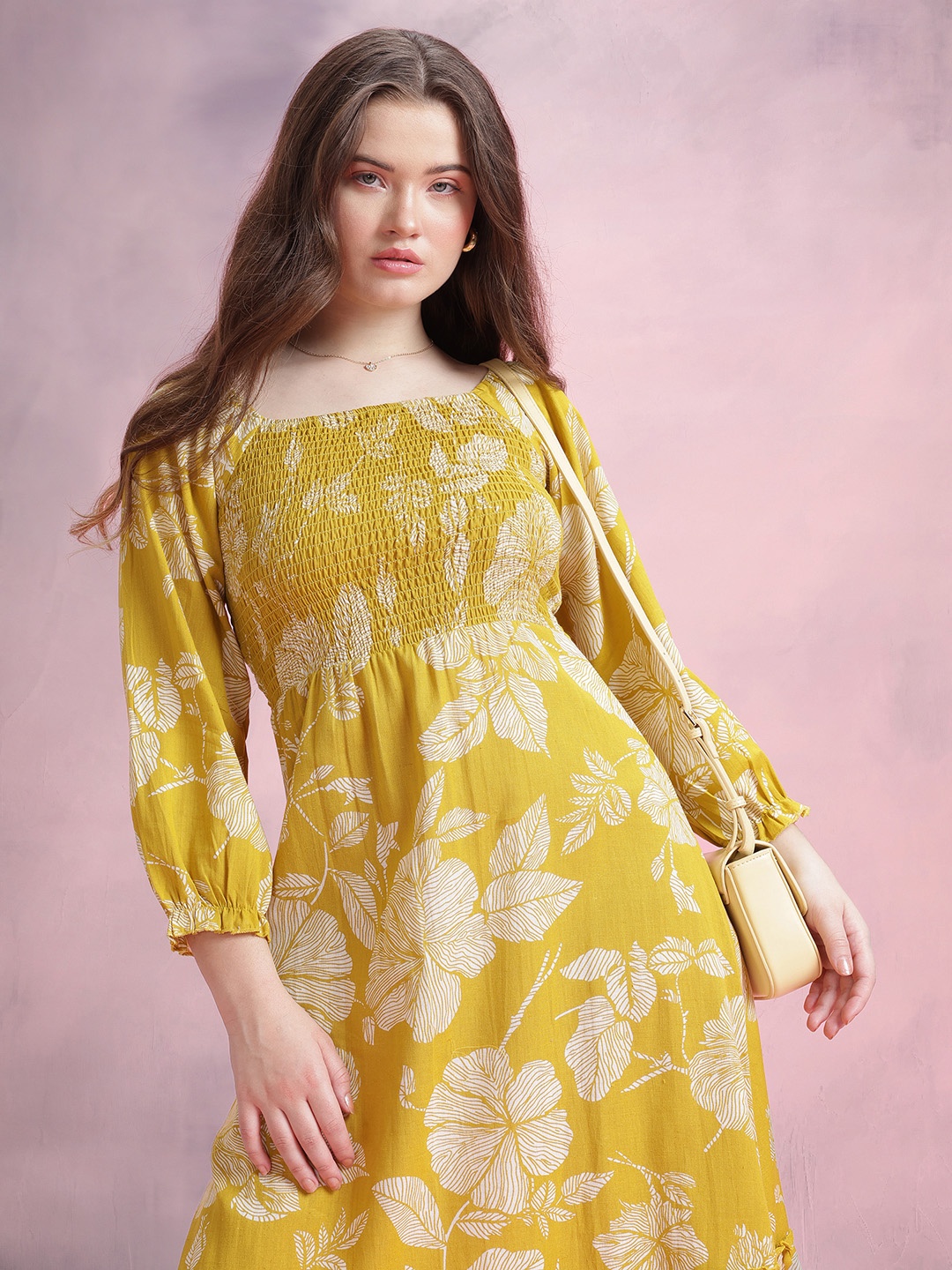 

DressBerry Floral Print Gathered Detail Smocked Effect Pure Cotton Midi A-Line Dress, Yellow