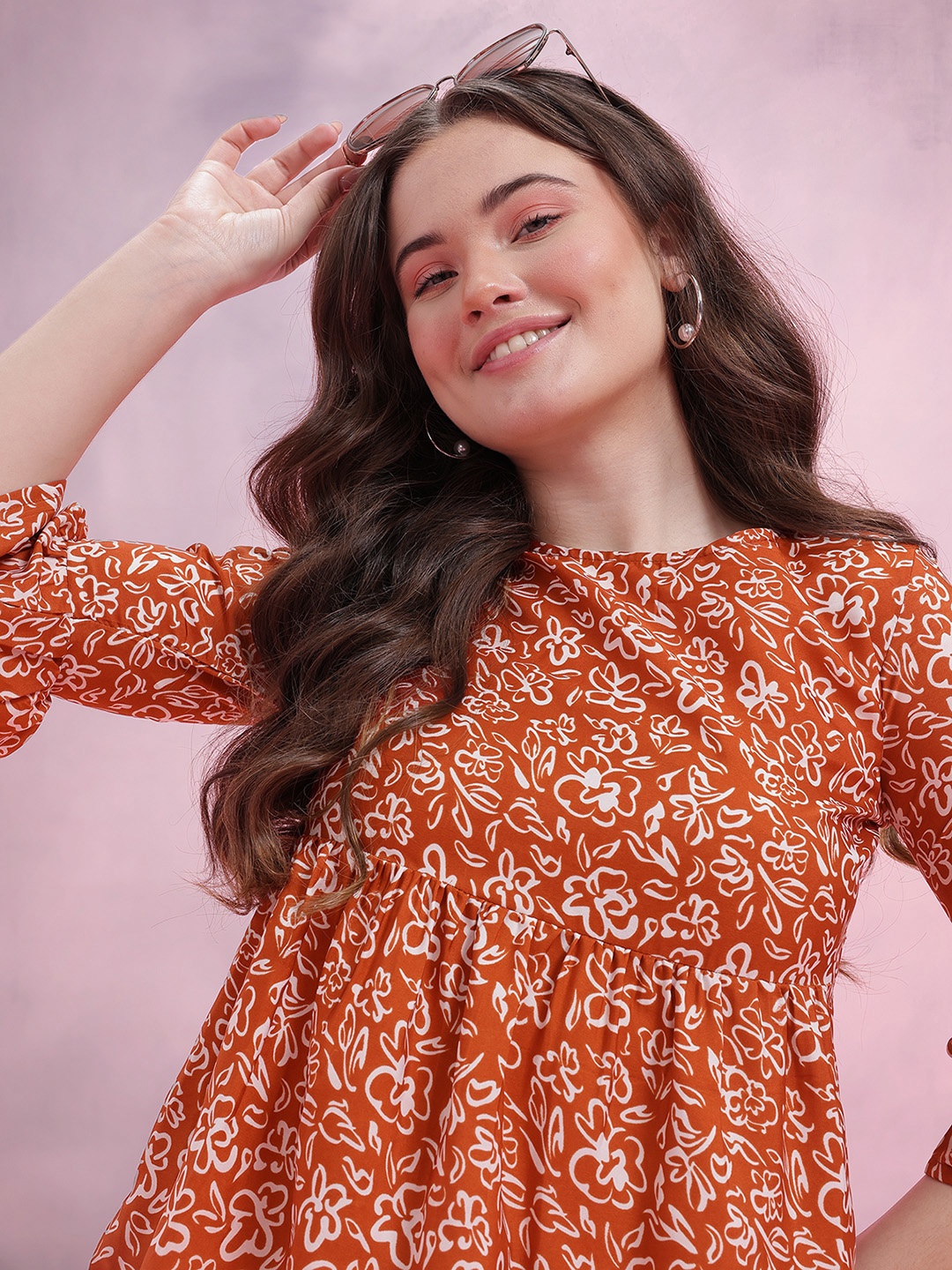 

DressBerry Floral Print Bell Sleeve Empire Top, Rust