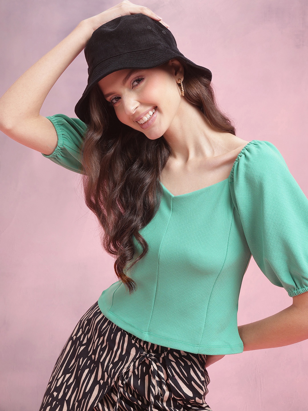 

DressBerry Sweetheart Neck Puff Sleeve Textured Paneled Top, Green