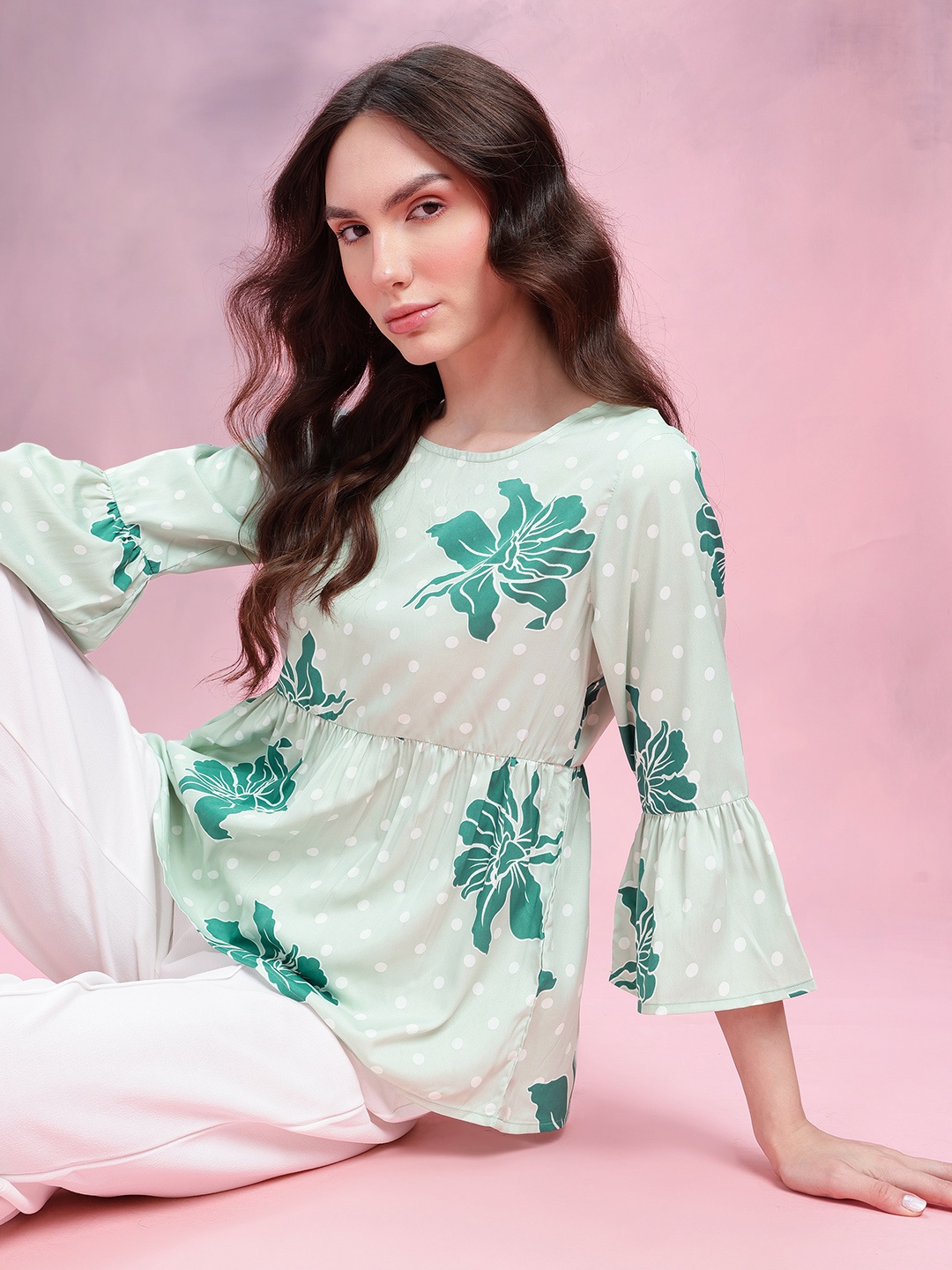 

DressBerry Floral Print Gathered Detail Bell Sleeves Peplum Top, Green