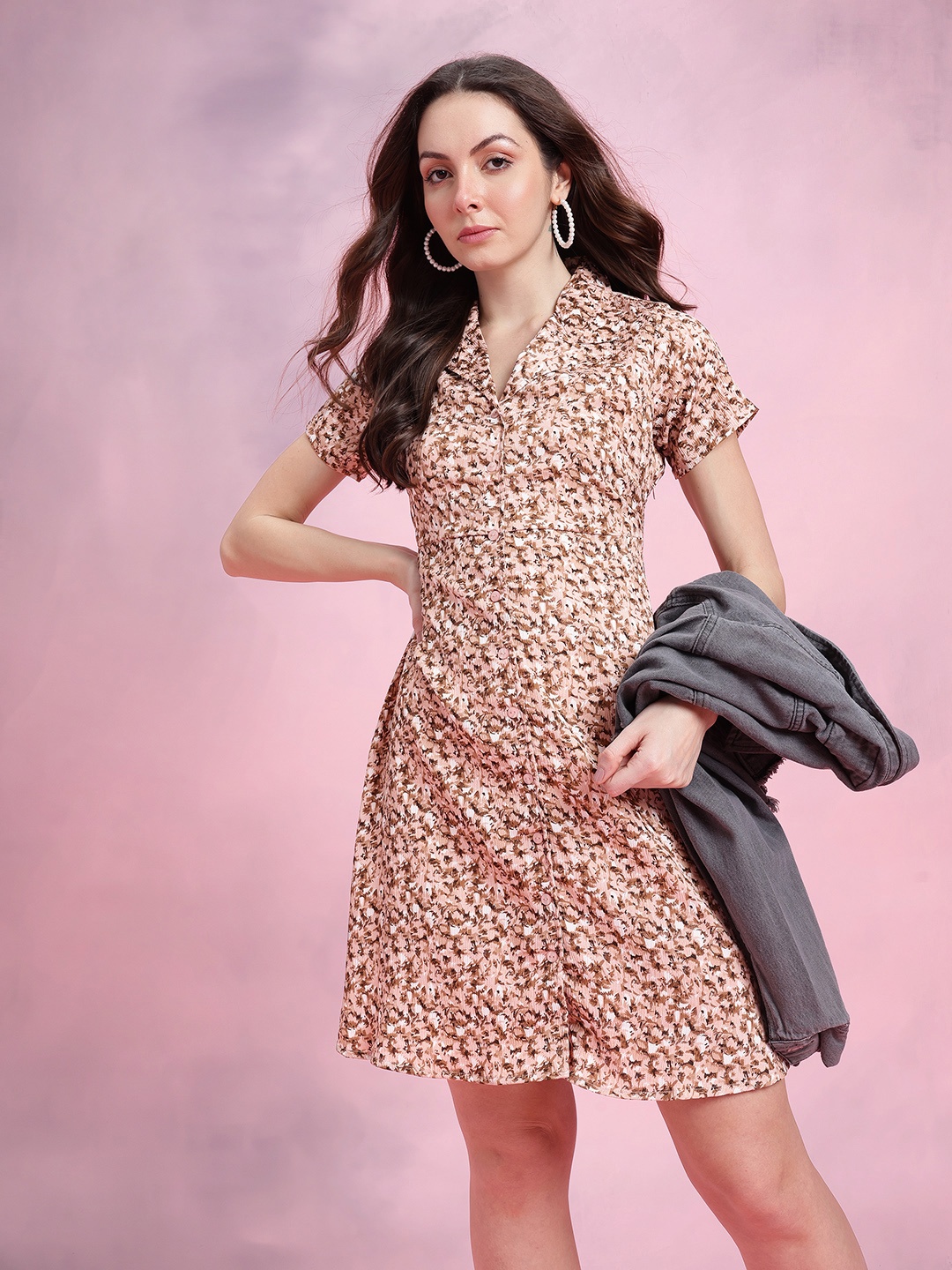 

DressBerry Floral Print Lapel Collar Blazer-Style A-Line Dress, Peach