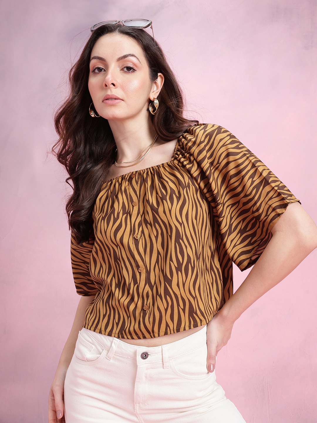 

DressBerry Tiger Print Puff Sleeves Square Neck Button-Up Top, Brown
