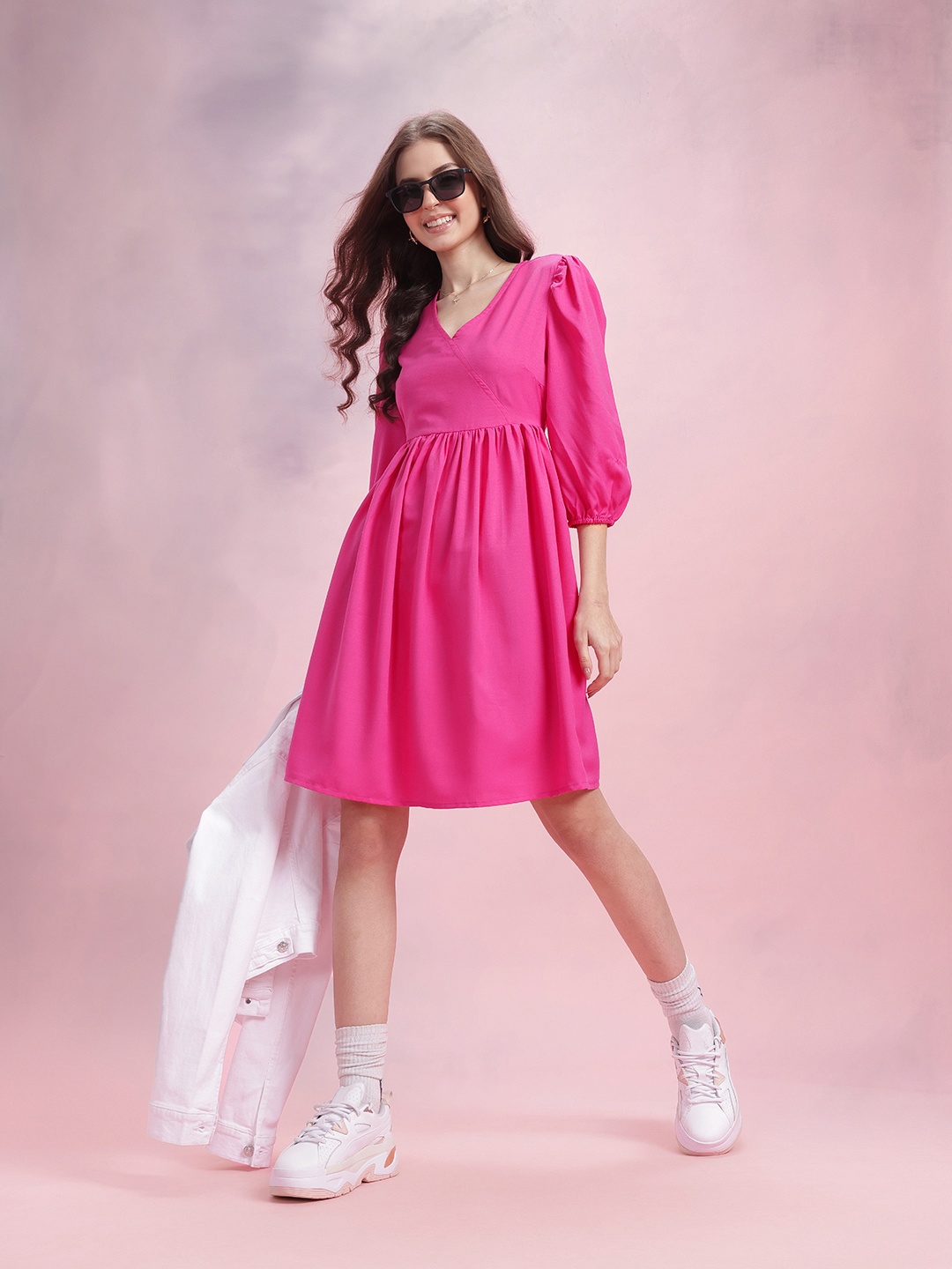 

DressBerry Puff Sleeve A-Line Dress, Pink
