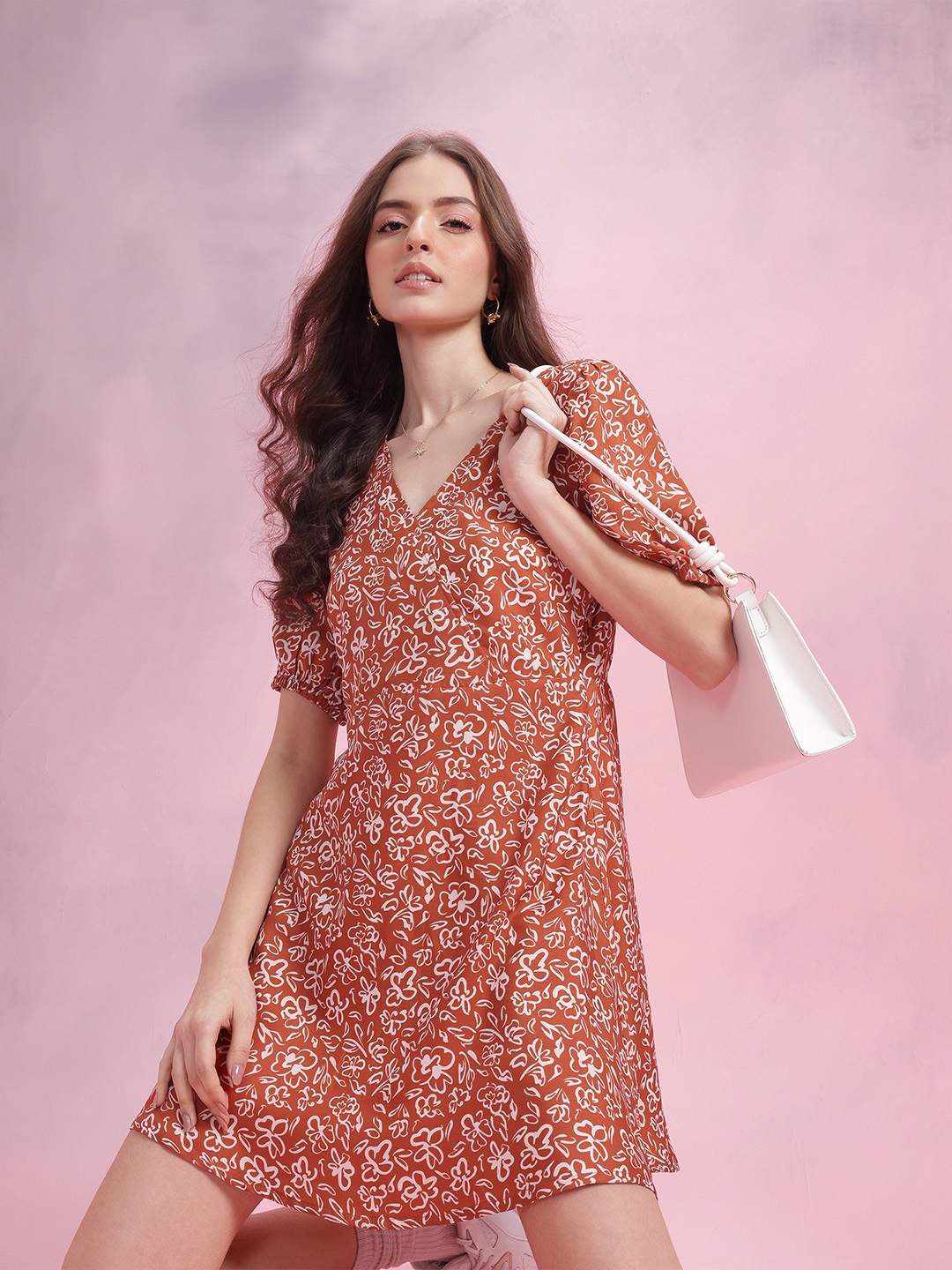 

DressBerry Printed Puff Sleeve A-Line Dress, Rust