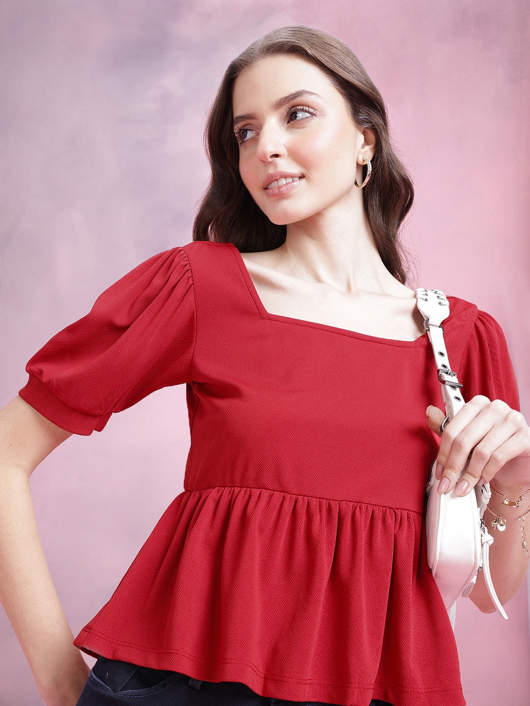 

DressBerry Puff Sleeve Peplum Top, Red