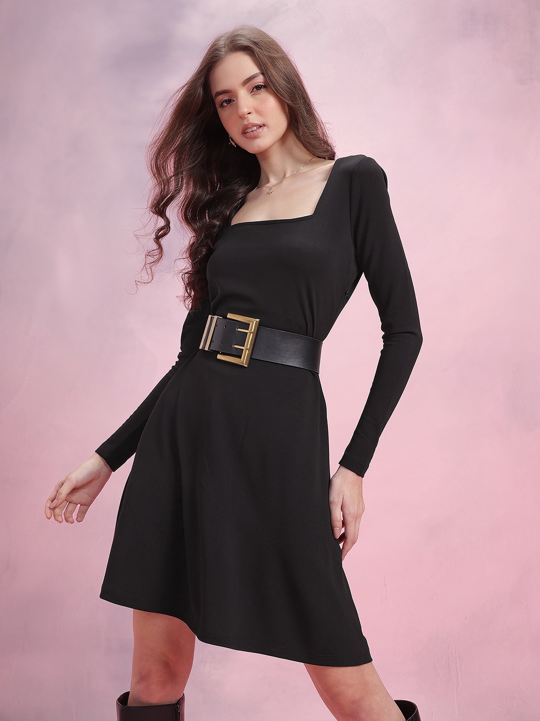 

DressBerry Square Neck A-Line Dress, Black