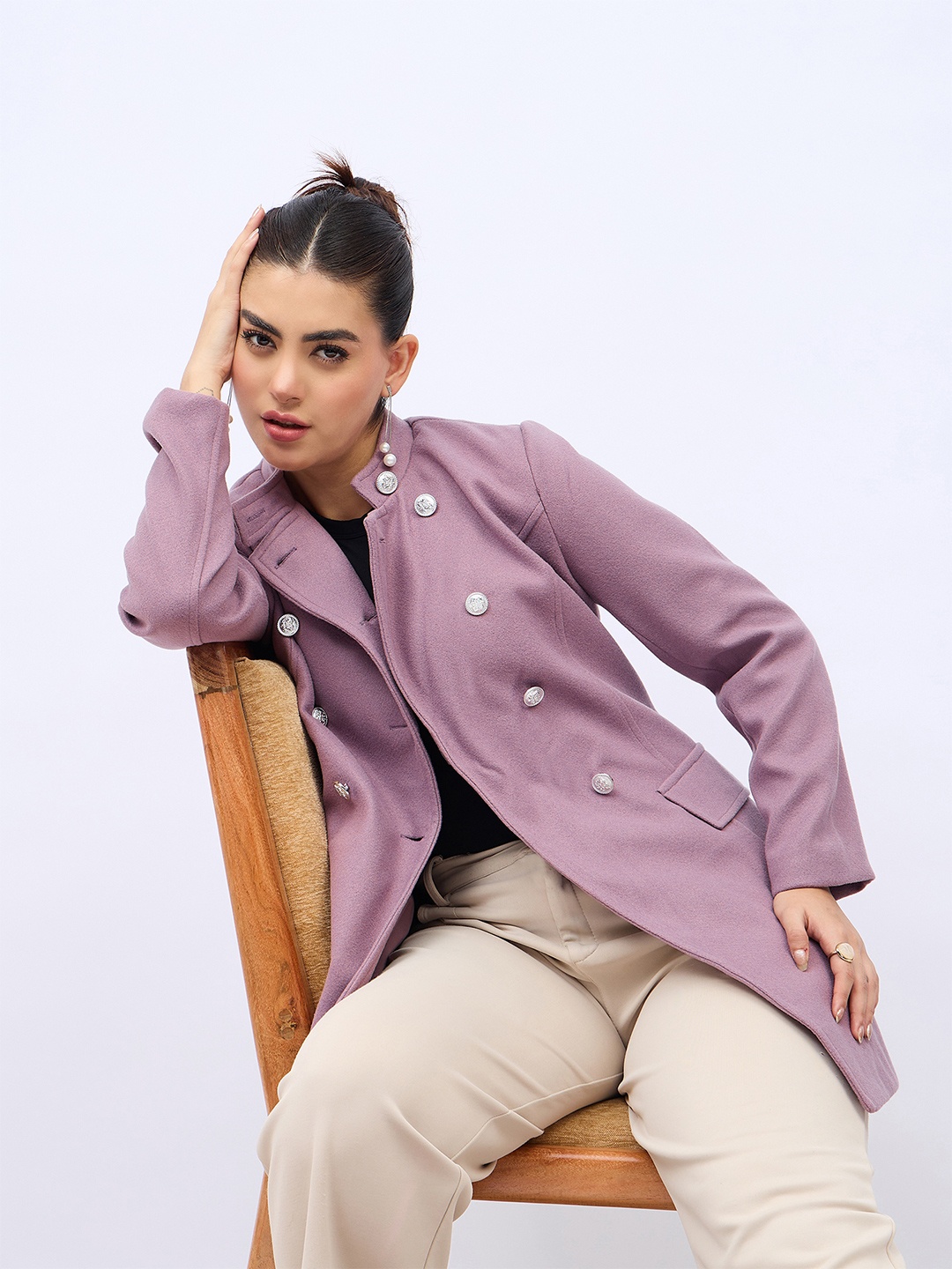 

Styli Women Longline Double Breasted Coat, Purple