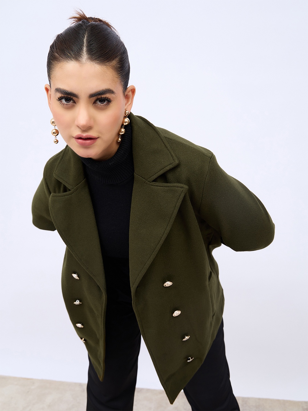 

Styli Women Boxy Fit Long Line Double Breasted Wool Look Coat, Olive