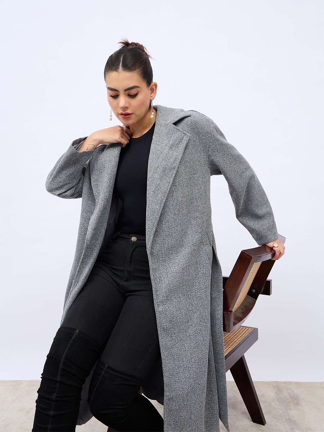 

Styli Women Solid Oversized Belted Longline Overcoats, Grey