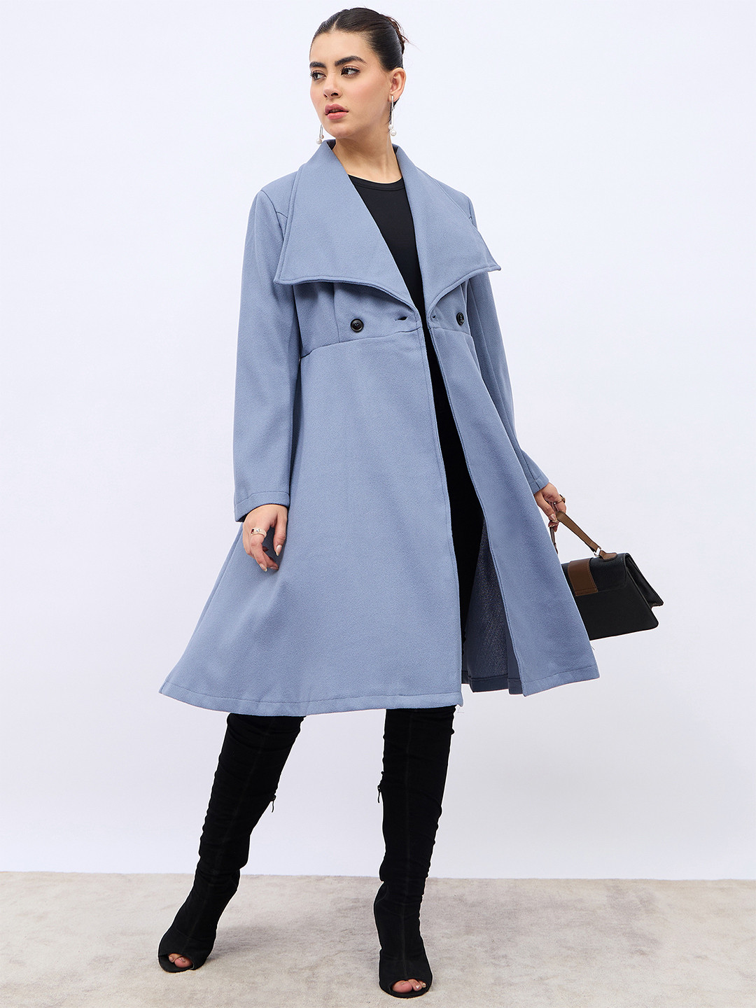 

Styli Women Solid Double-Breasted Longline Woollen Overcoat, Blue
