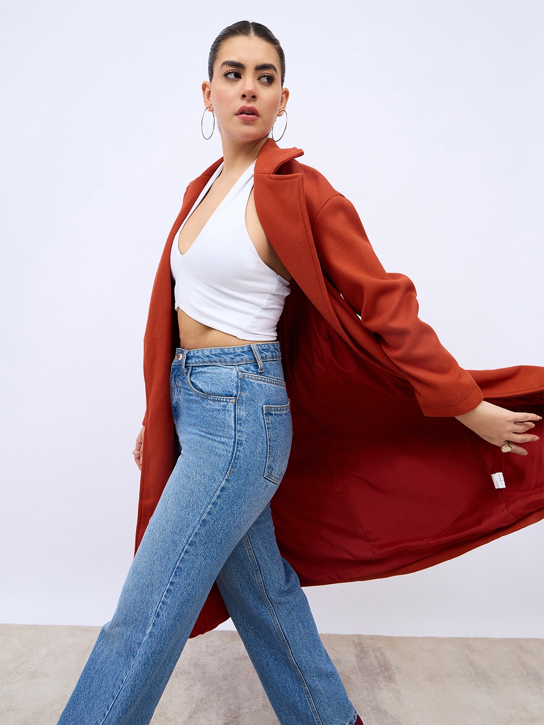 

Styli Women Oversized Solid Knee Length Belted Coat Shacket, Orange