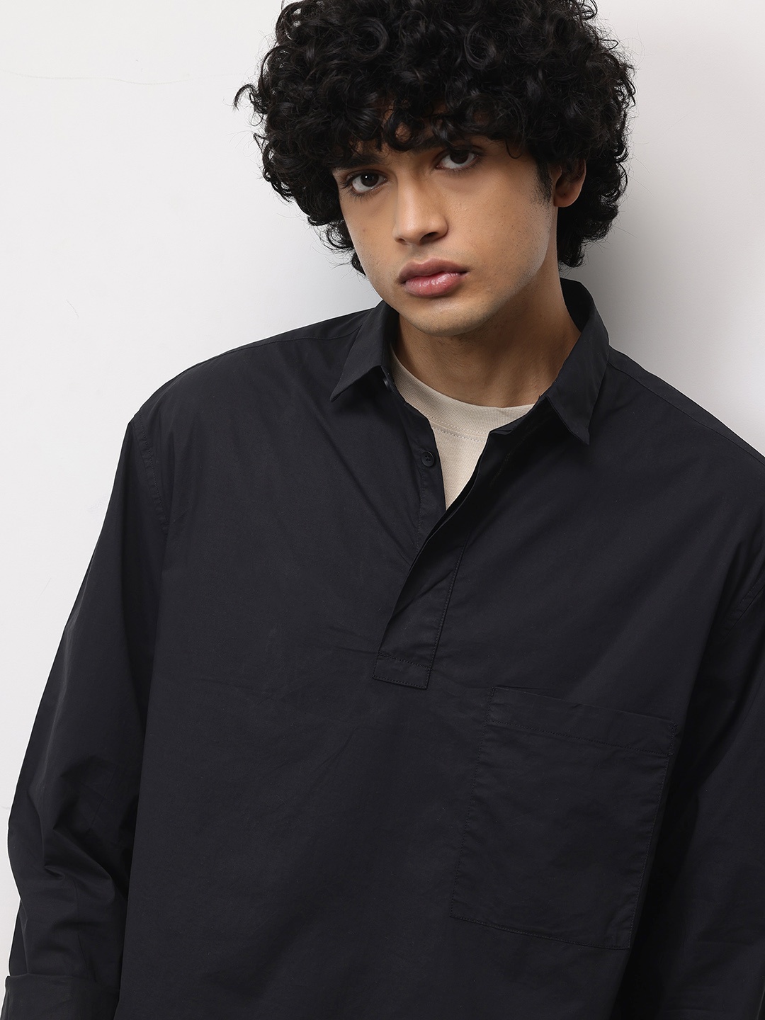 

ether Pure Cotton Longline Casual Shirt, Black