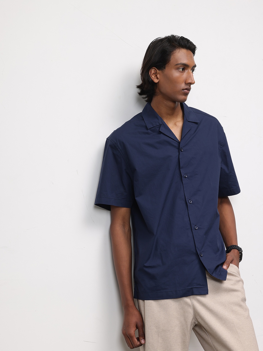 

ether Pure Cotton Longline Casual Shirt, Navy blue