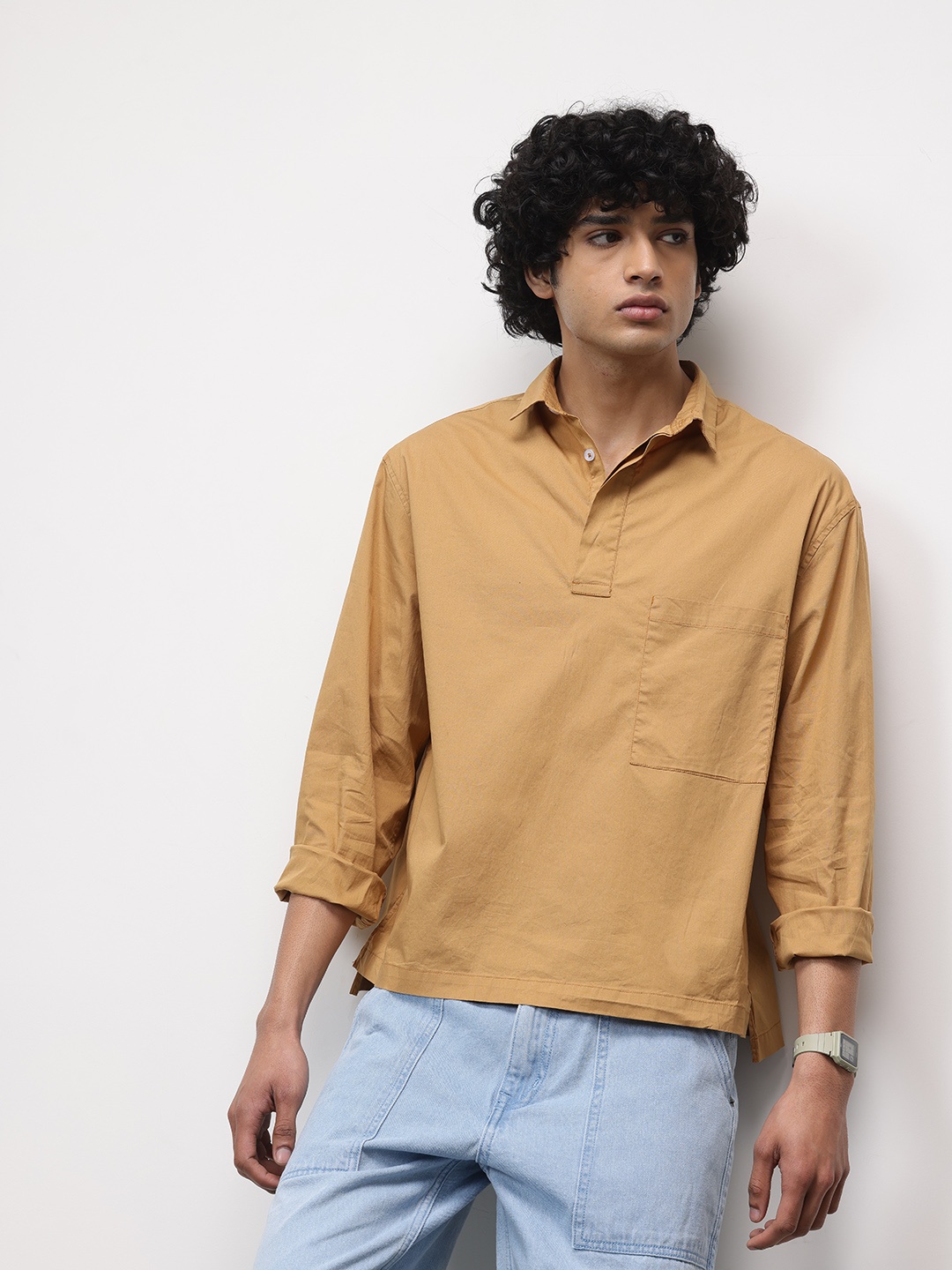 

ether Pure Cotton Longline Casual Shirt, Khaki