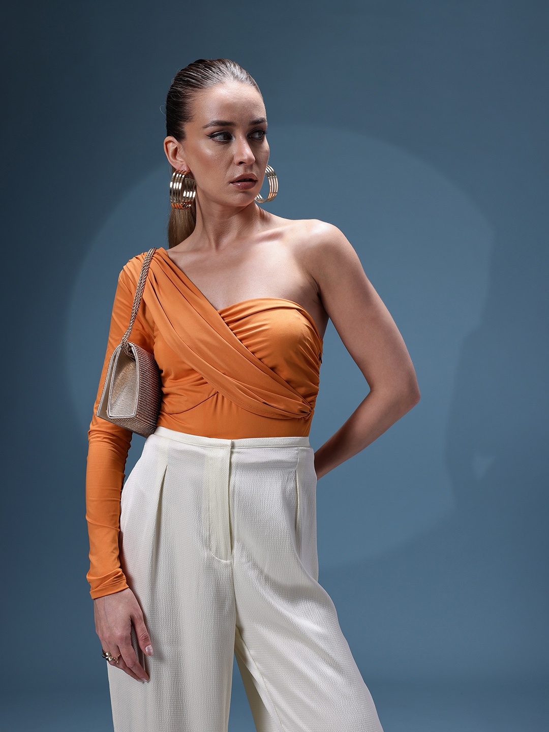 

bebe Future Glam Ruched Effect One Shoulder Drape-Style Fitted Top, Rust