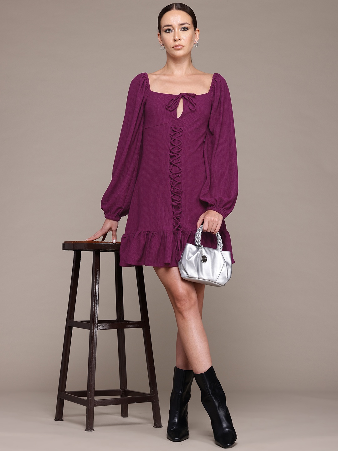 

bebe All Day Self-Design Lace-Up Drop-Waist Mini Dress, Burgundy