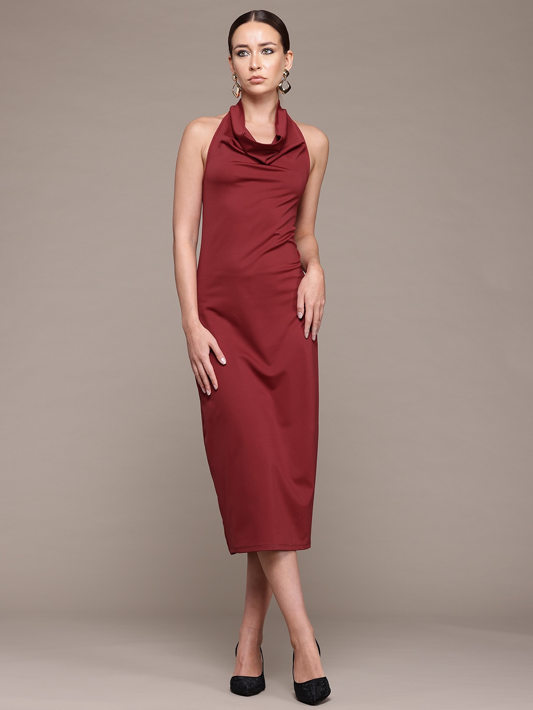 

bebe Future Glam Halter Neck Backless Sheath Midi Dress, Maroon