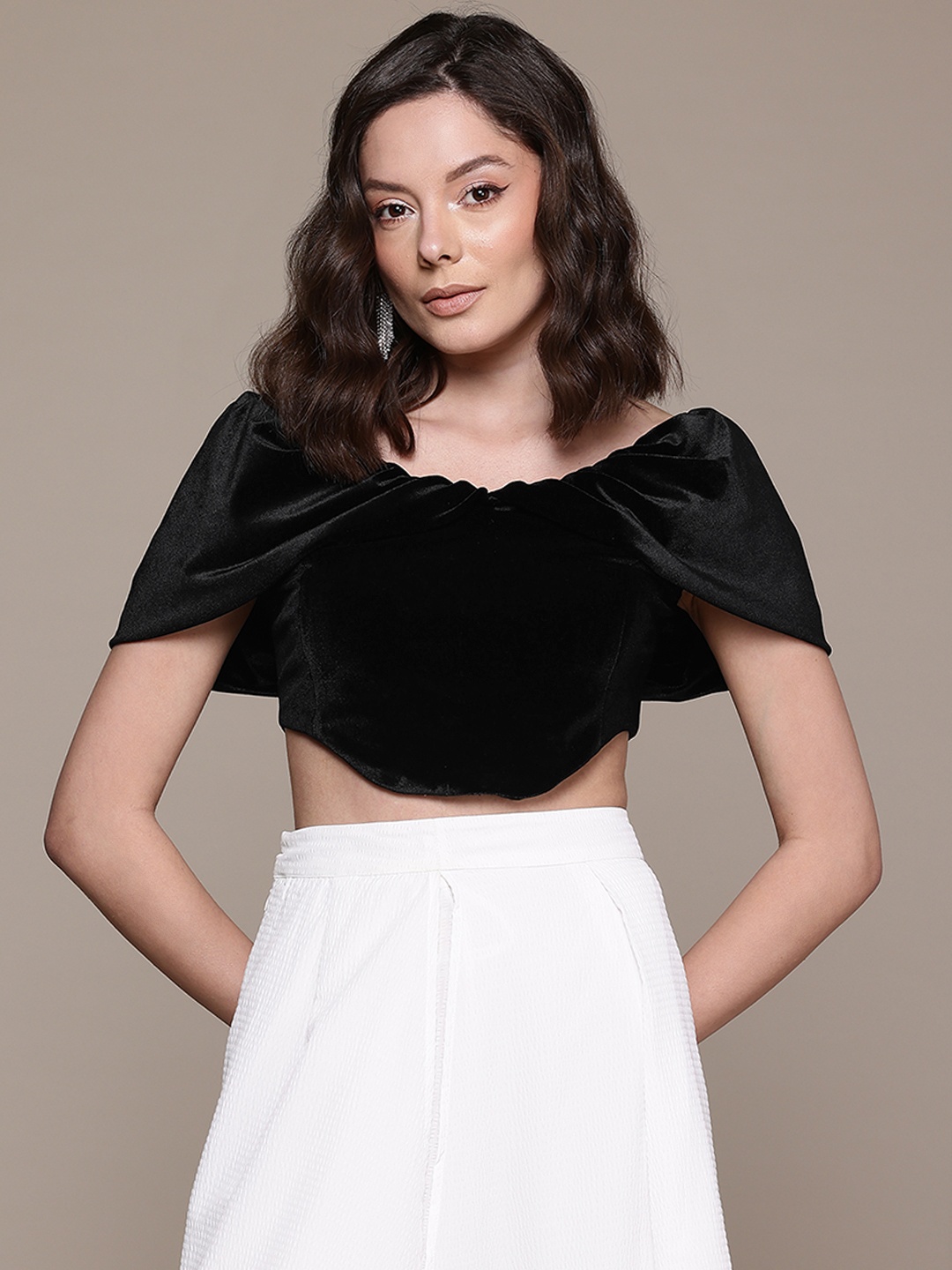 

bebe Future Glam Velvet Finish Corset Style Crop Top, Black