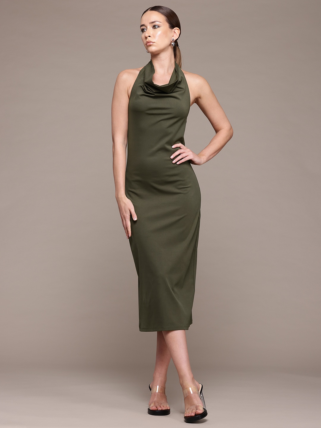 

bebe Future Glam Halter Neck Backless Sheath Midi Dress, Olive