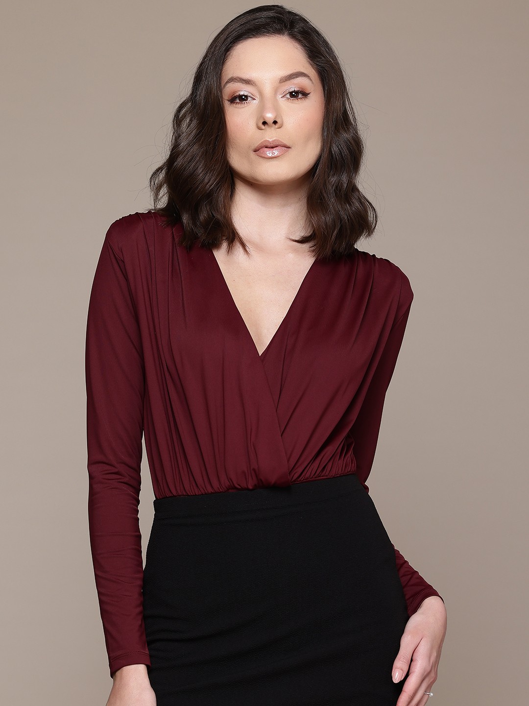 

bebe All Day Wrap Bodysuit, Maroon