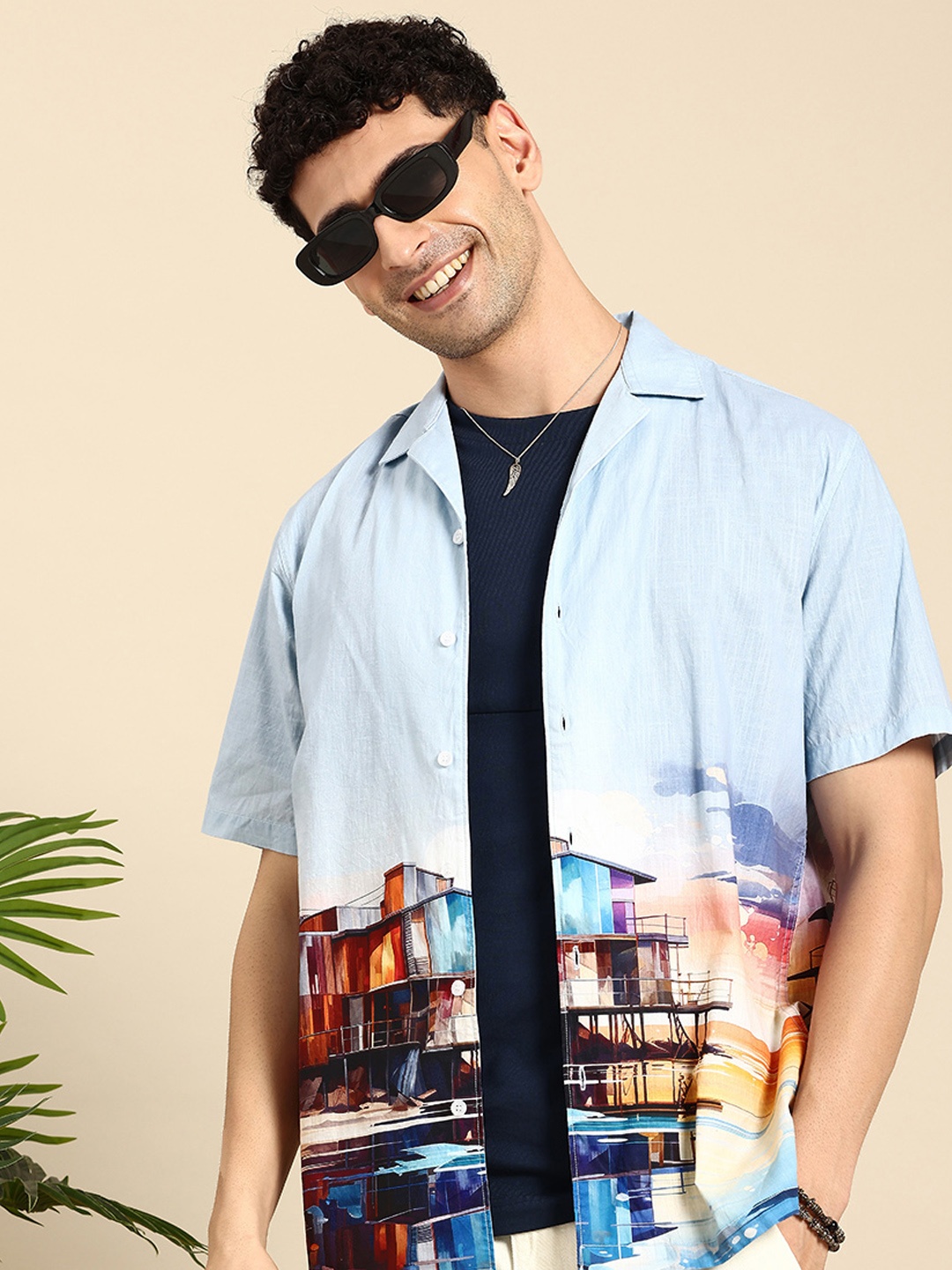 

Mast & Harbour Graphic Printed Pure Cotton Casual Shirt, Blue