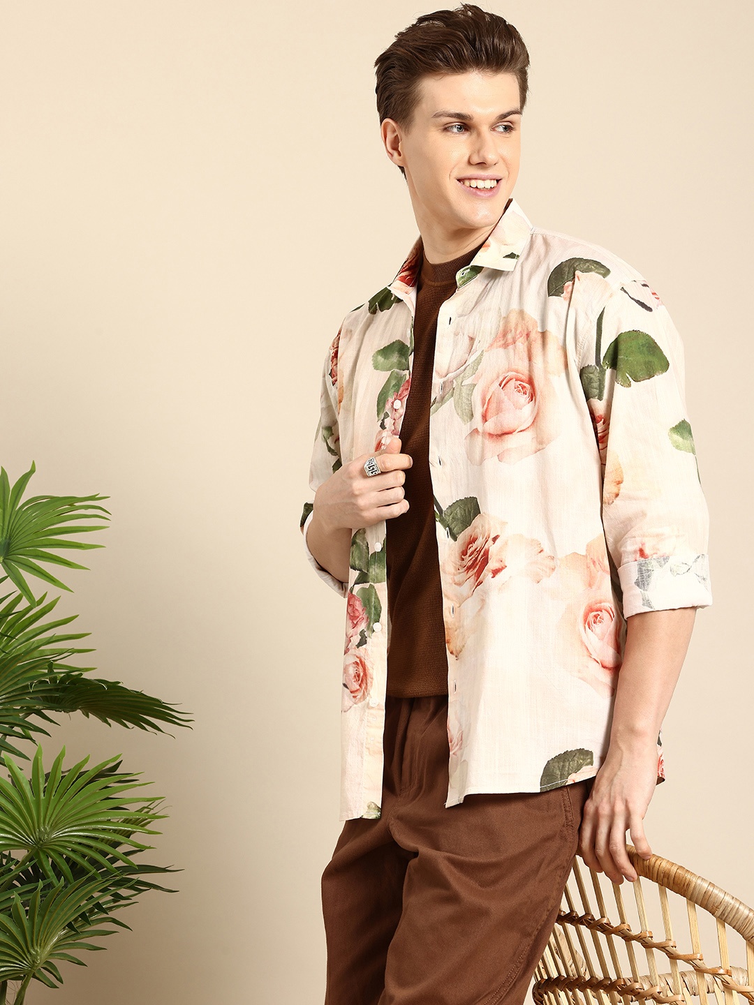 

Mast & Harbour Floral Printed Drop-Shoulder Sleeves Relaxed Fit Pure Cotton Casual Shirt, Cream