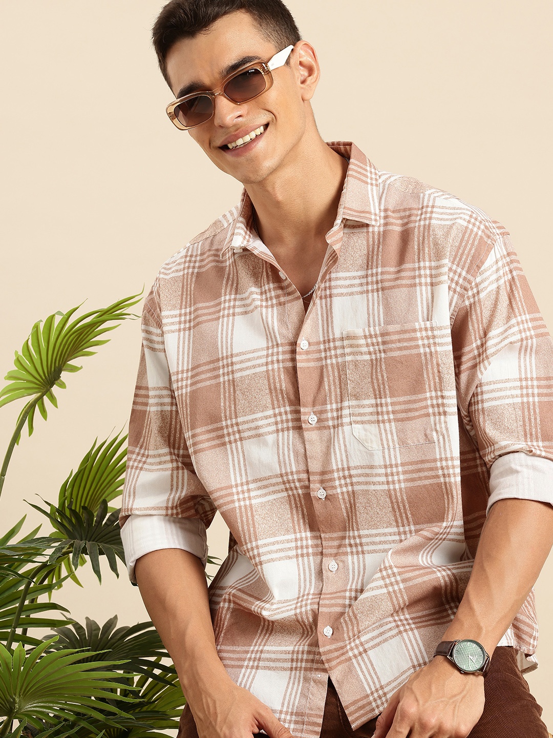 

Mast & Harbour Tartan Checks Opaque Pure Cotton Relaxed Fit Casual Shirt, Brown