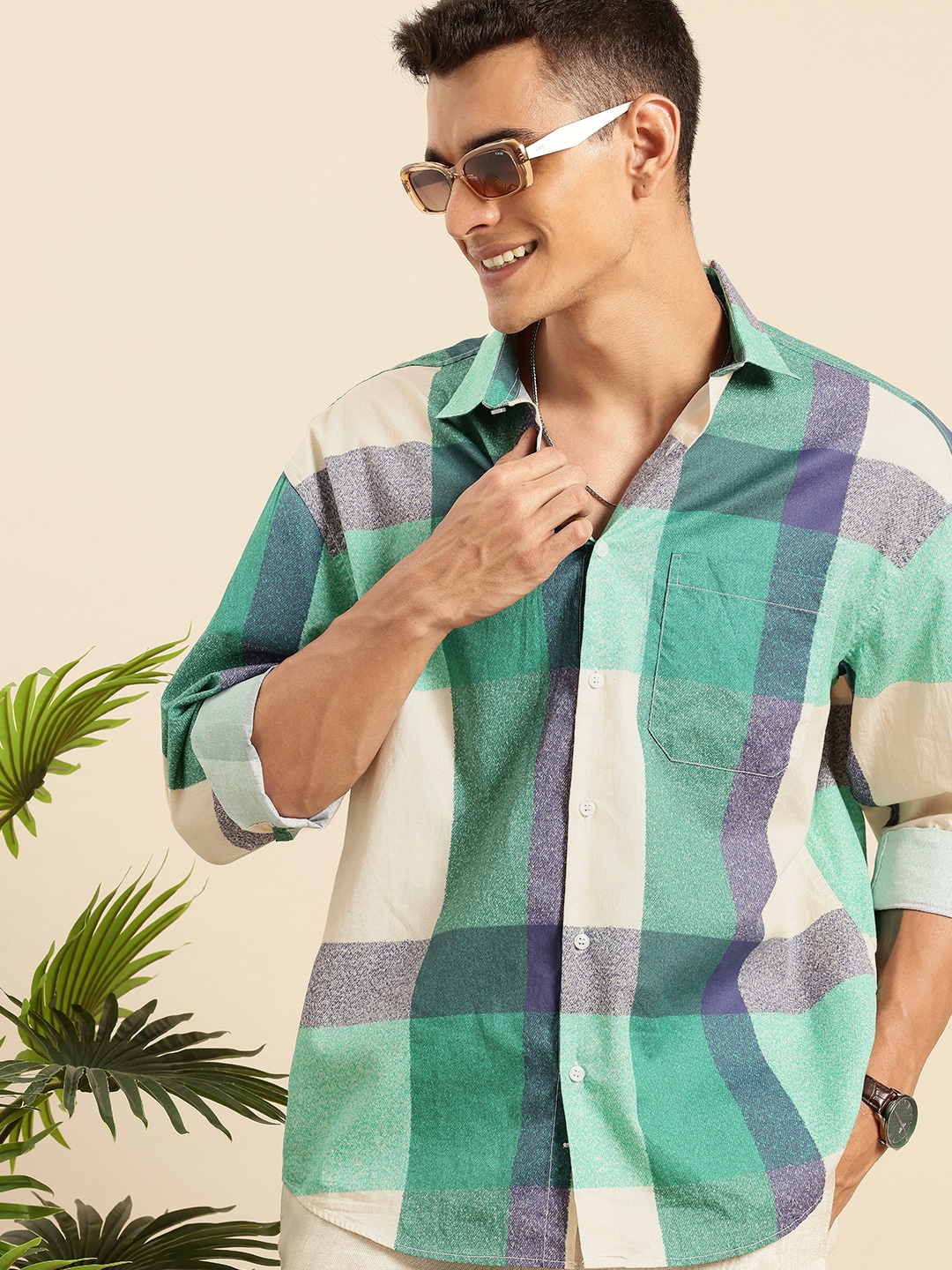 

Mast & Harbour Opaque Checked Pure Cotton Relaxed Fit Casual Shirt, Green