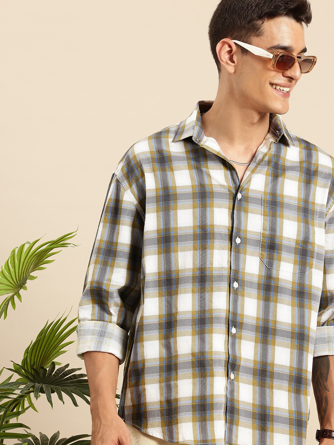 

Mast & Harbour Tartan Checks Opaque Pure Cotton Relaxed Fit Casual Shirt, Olive