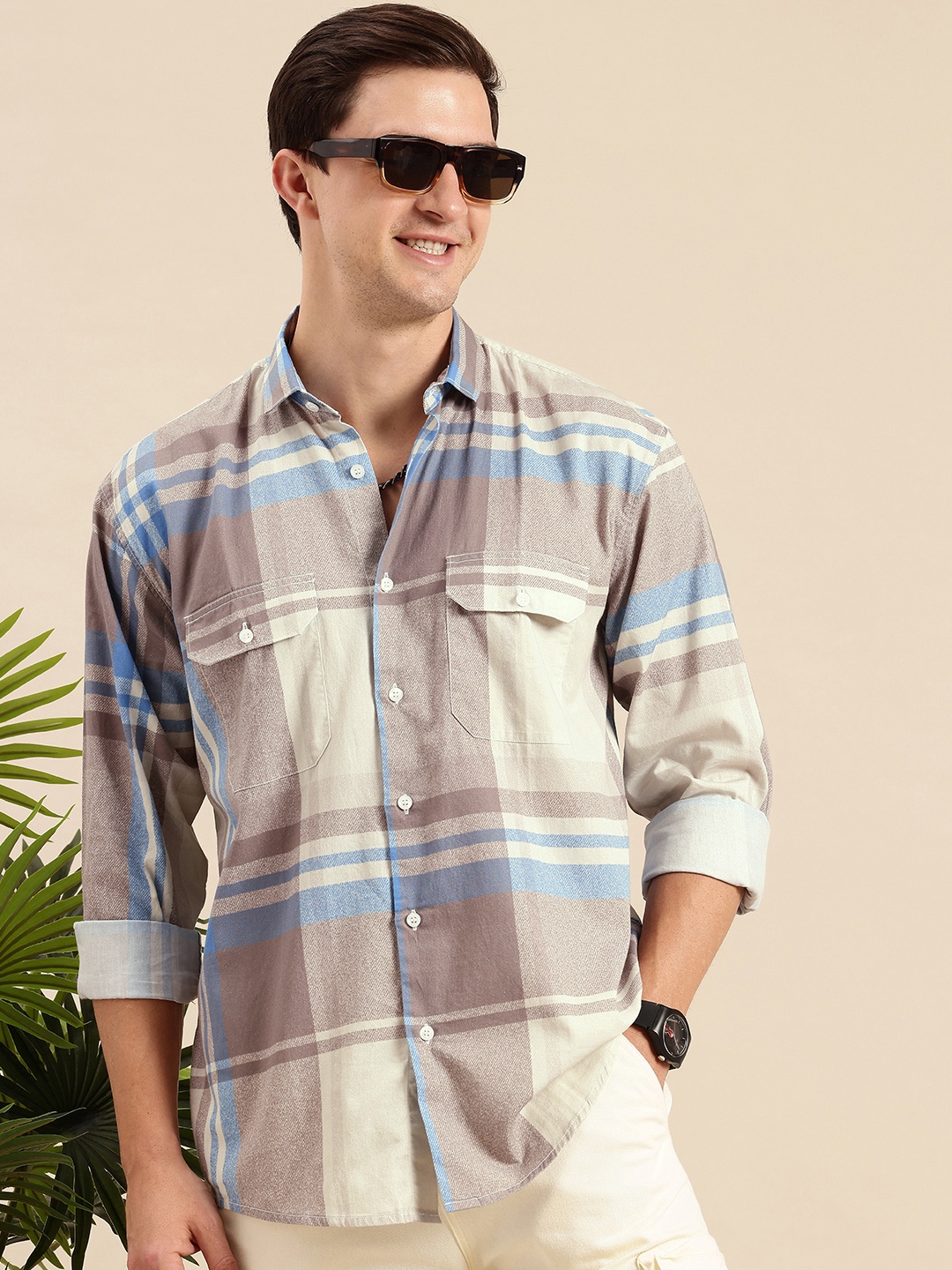 

Mast & Harbour Pure Cotton Checked Drop-Shoulder Sleeves Relaxed Fit Casual Shirt, Taupe