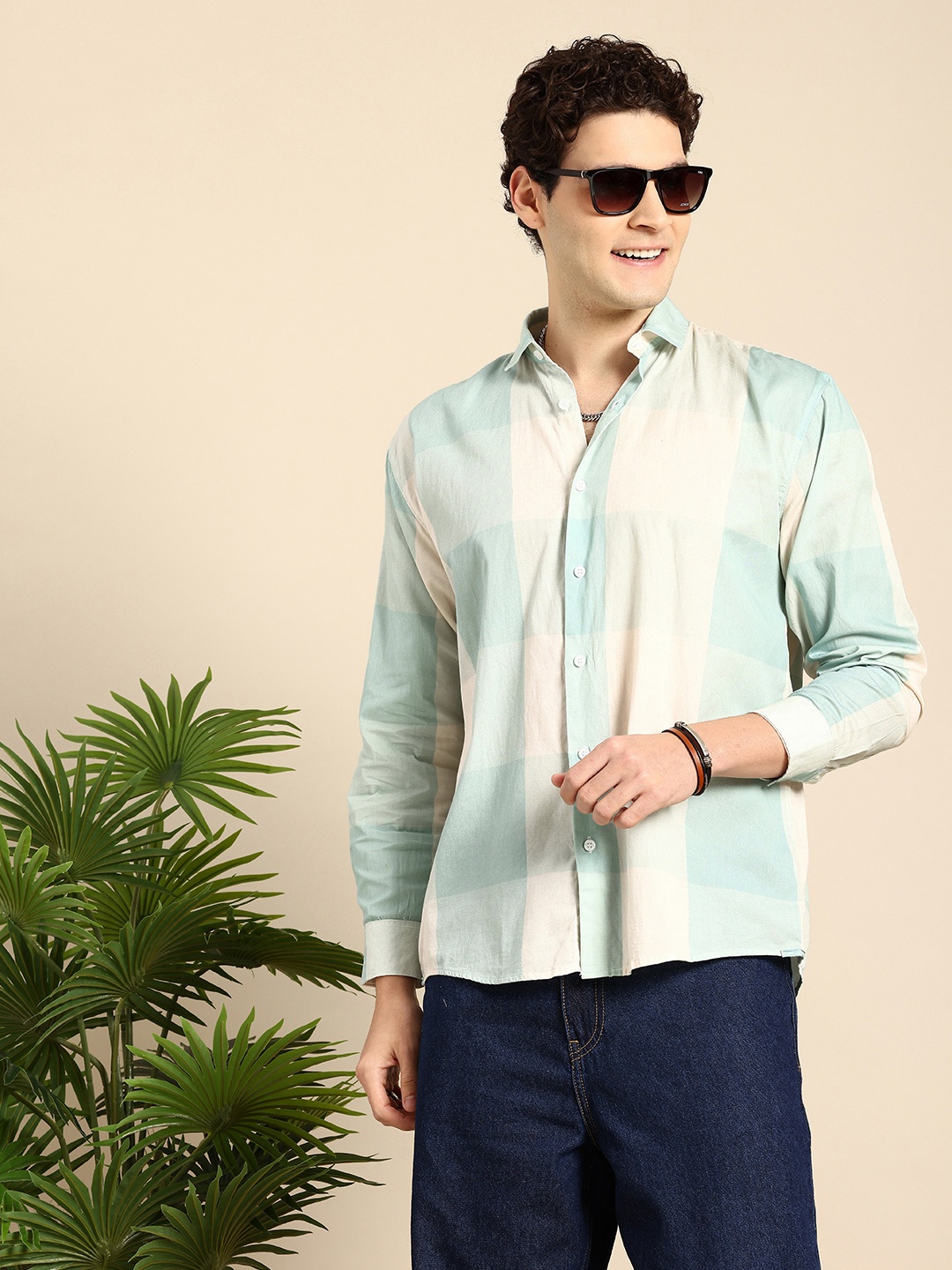 

Mast & Harbour Checked Drop-Shoulder Sleeves Relaxed Fit Pure Cotton Casual Shirt, Blue