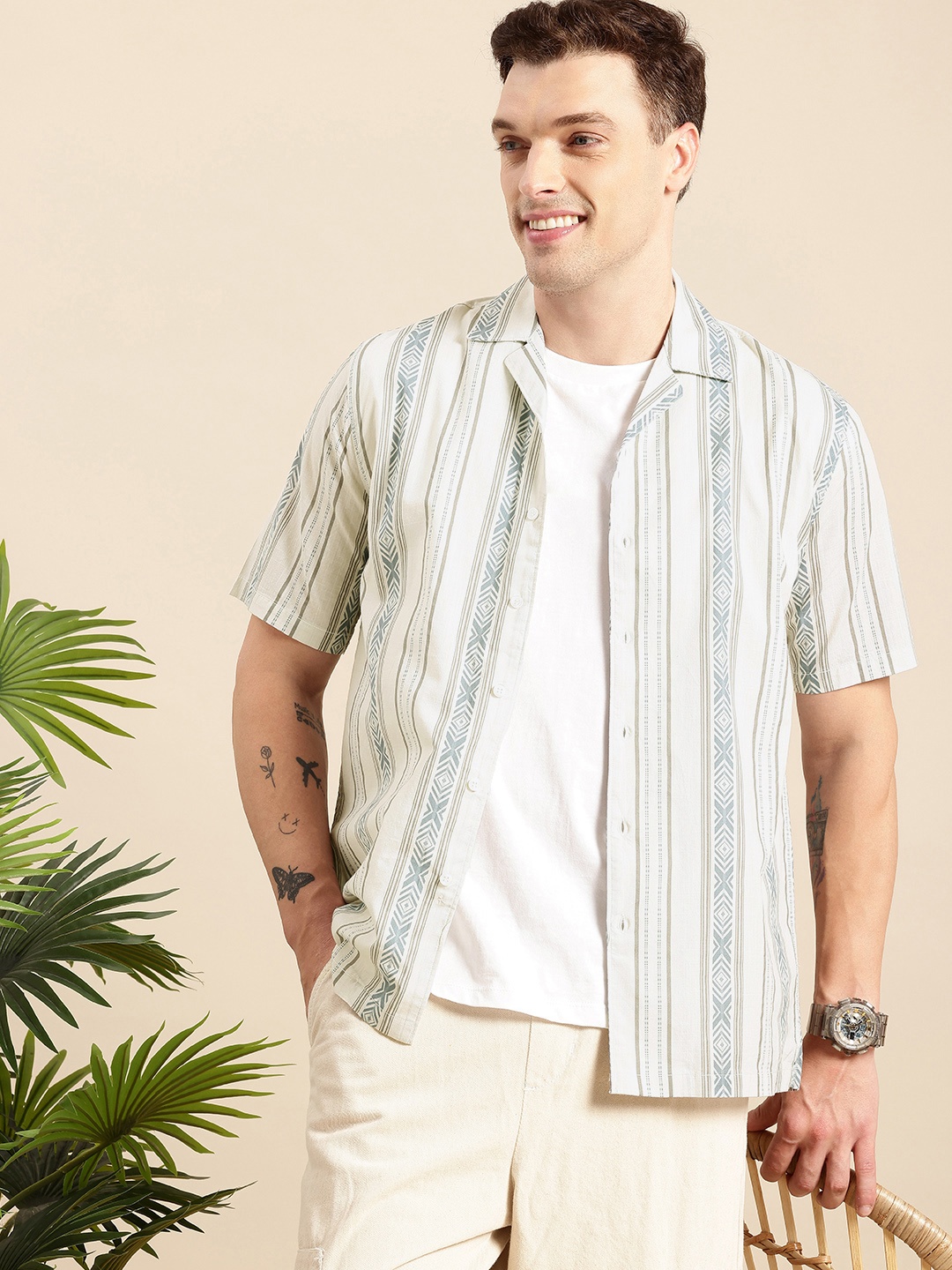 

Mast & Harbour Pure Cotton Striped Casual Shirt, Off white