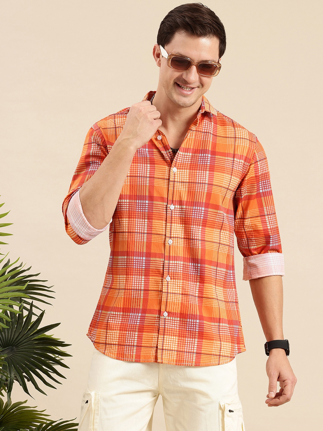 

Mast & Harbour Pure Cotton Checked Casual Shirt, Orange