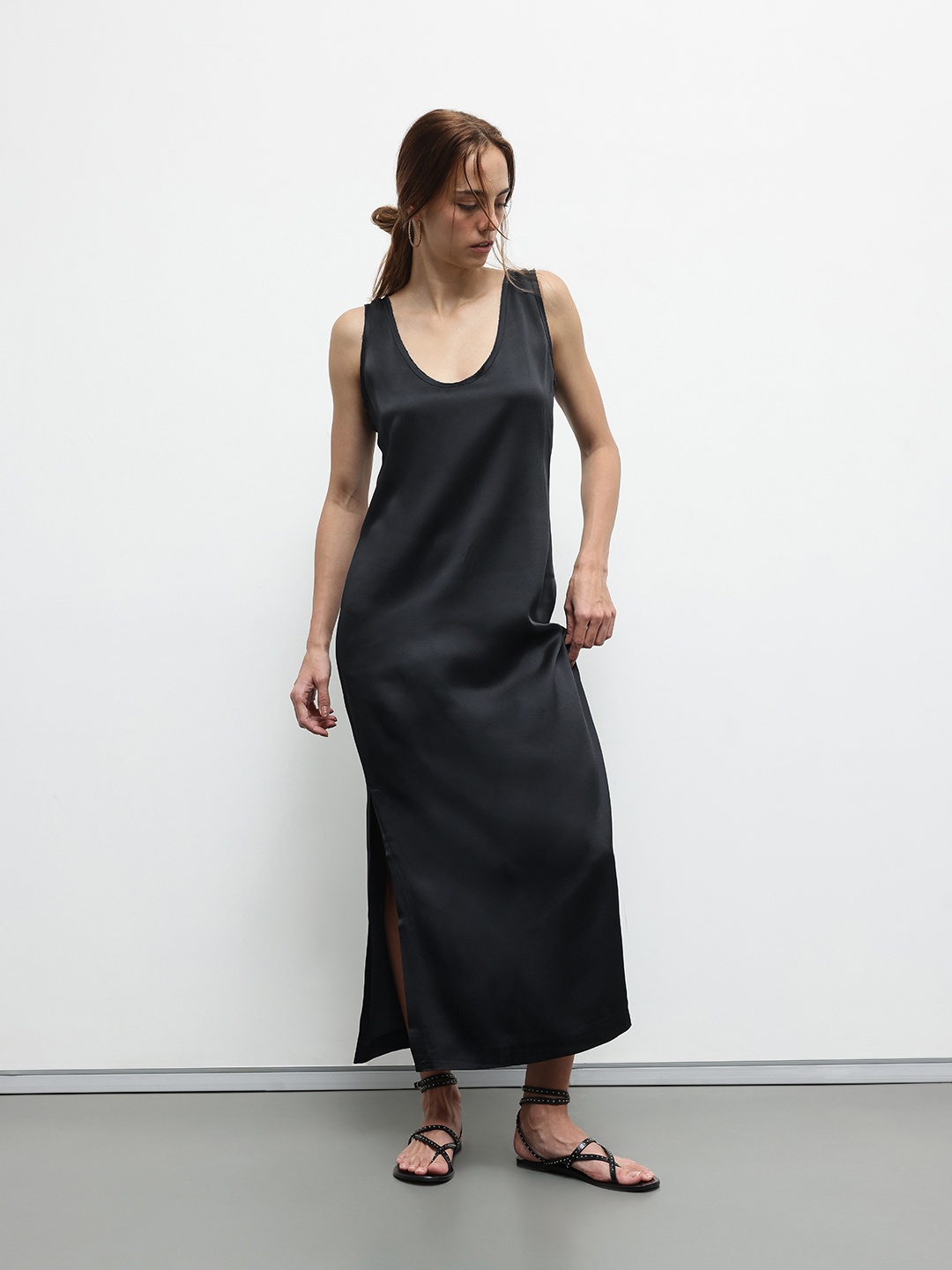 

ZARA A-Line Satin-Finish Side Slit Midi Dress, Grey