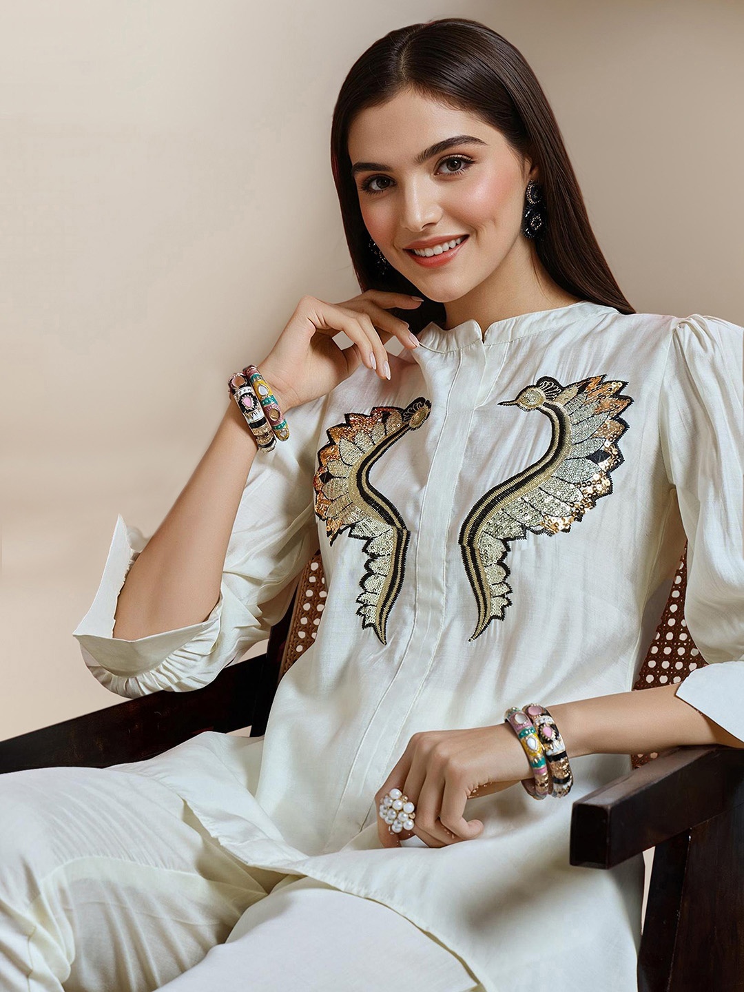 

Ishin Embroidered Pure Cotton Tunic With Trouser Co-Ords, Off white