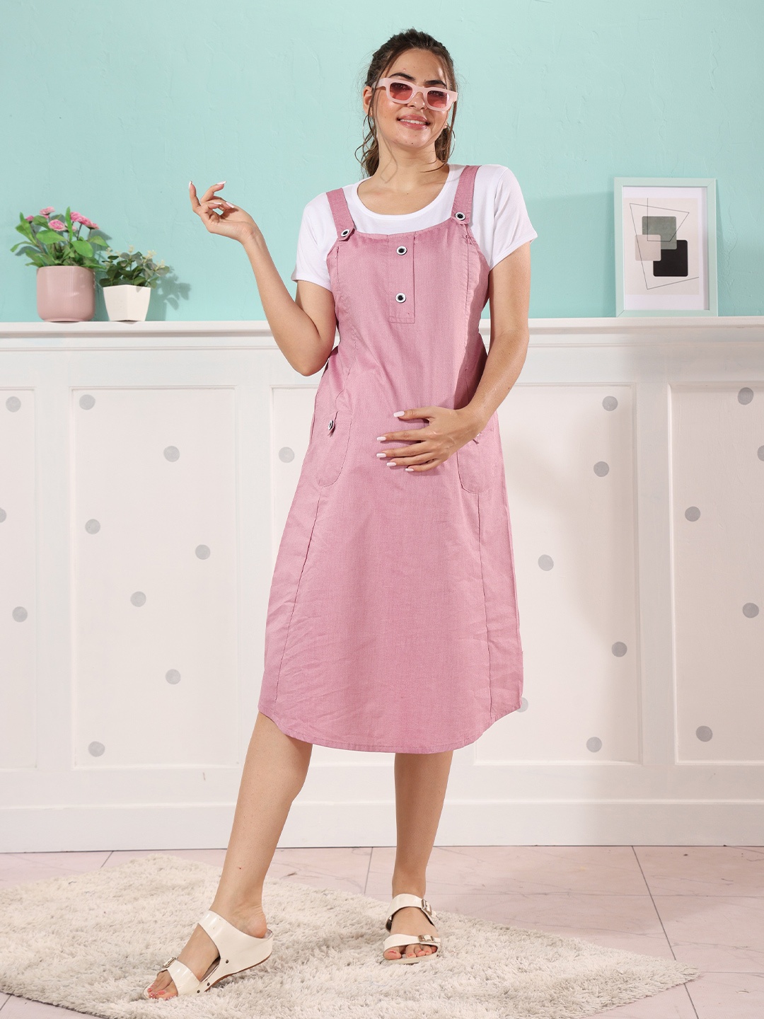 

EASY MOM Maternity Pinafore Midi Dress, Pink