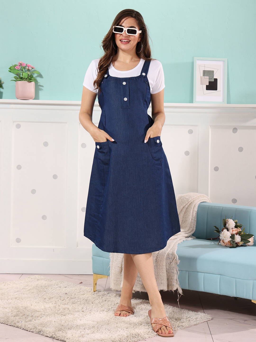 

EASY MOM Maternity Pinafore Midi Dress, Navy blue