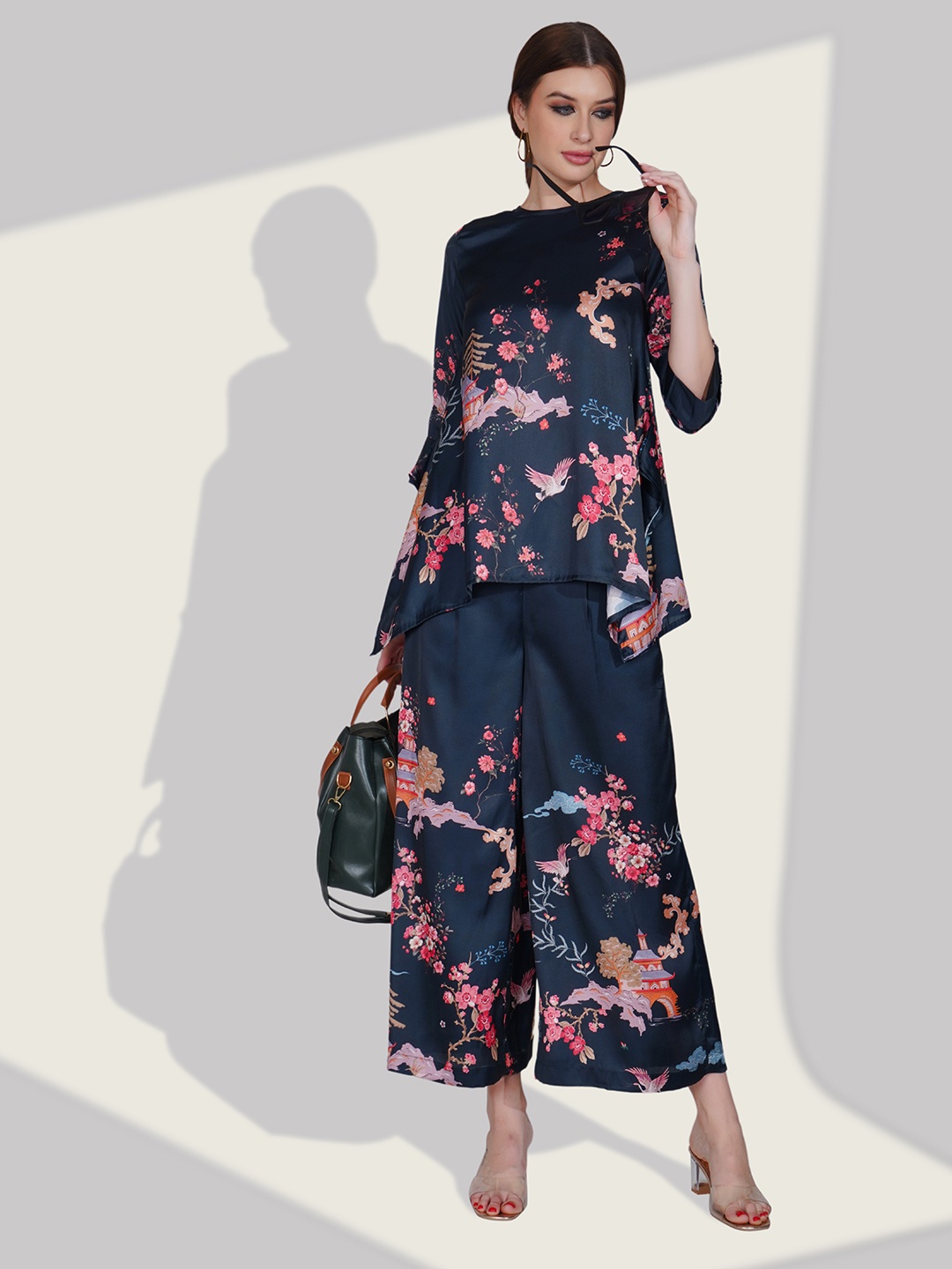 Dora Dori Women Top With Palazoo Co-Ords, Navy blue