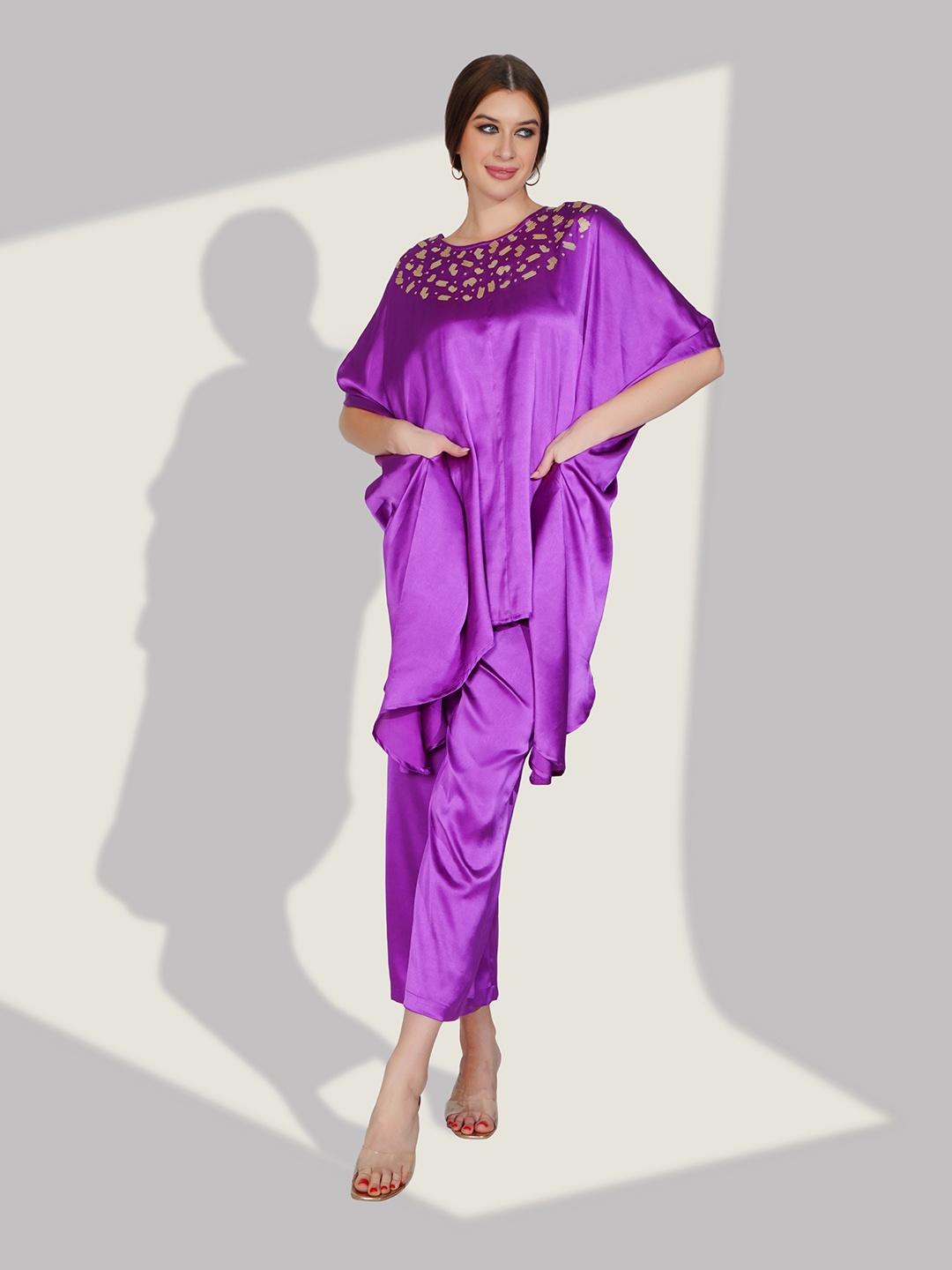 Dora Dori Women Kaftan Style Top And Palazzos Co-ords Set, Purple