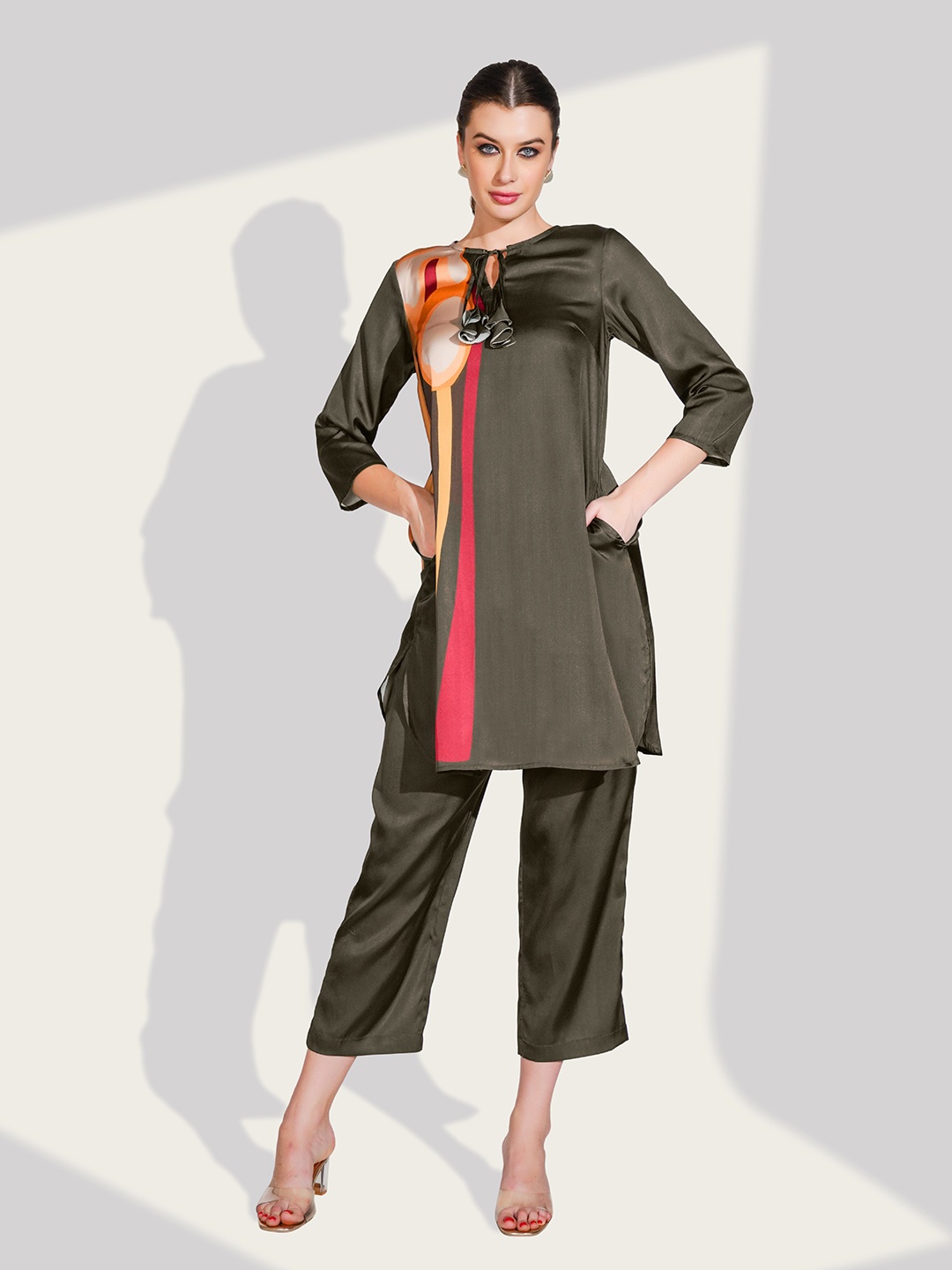 Dora Dori Printed Tunic With Trouser, Olive