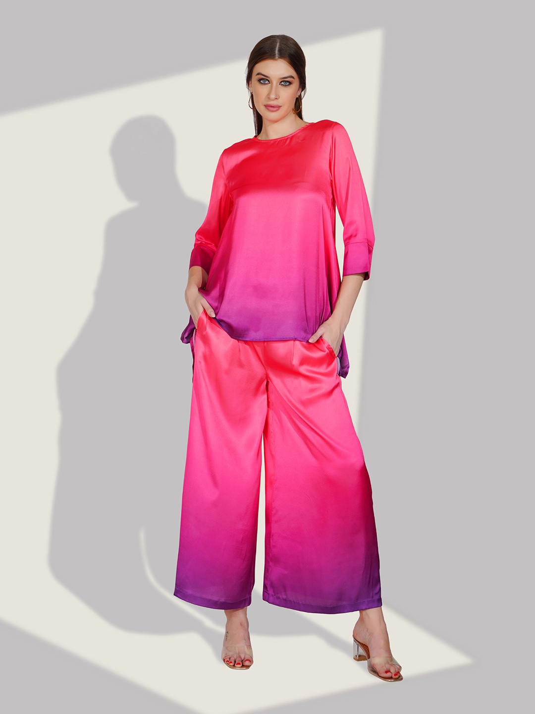 

Dora Dori Women Dyed Top & Palazzos Co-Ords, Pink