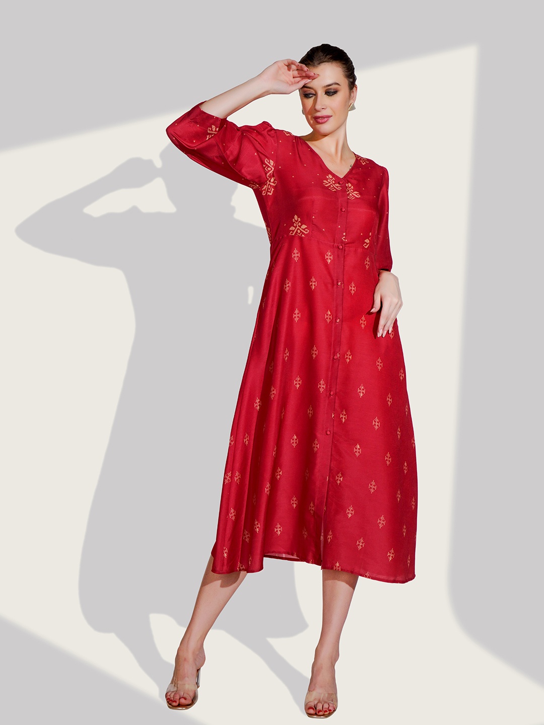 

Dora Dori Ethnic Motifs Print Puff Sleeve A-Line Midi Dress, Maroon