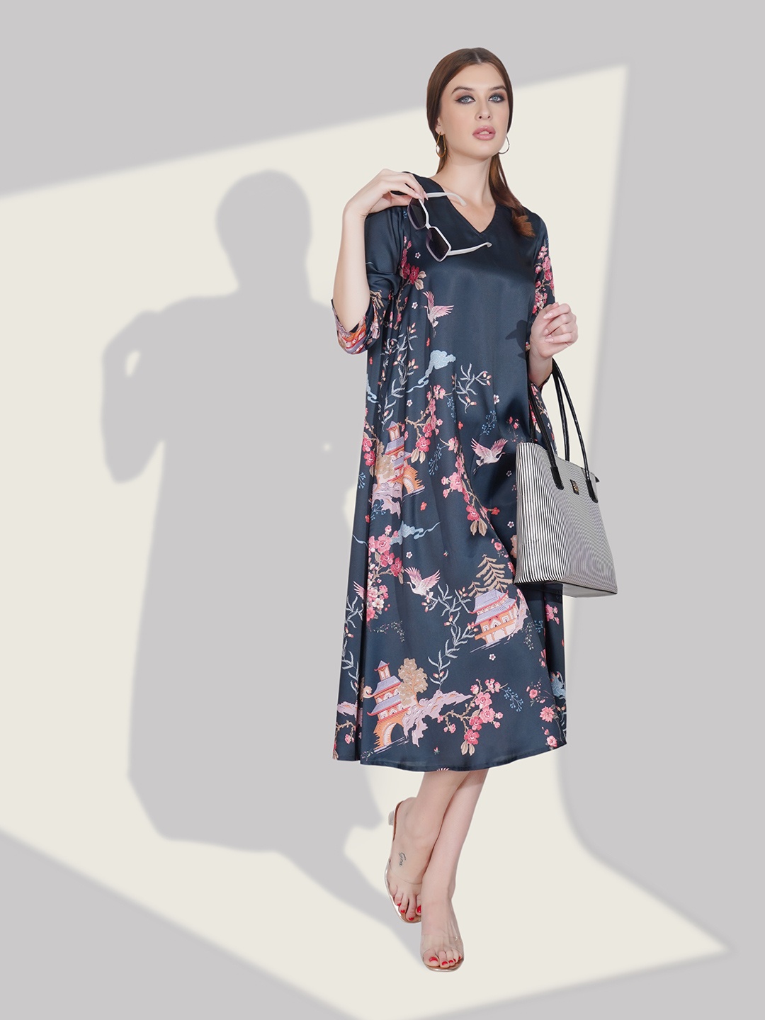 Dora Dori Women Floral Printed V-Neck A-Line Dress, Navy blue
