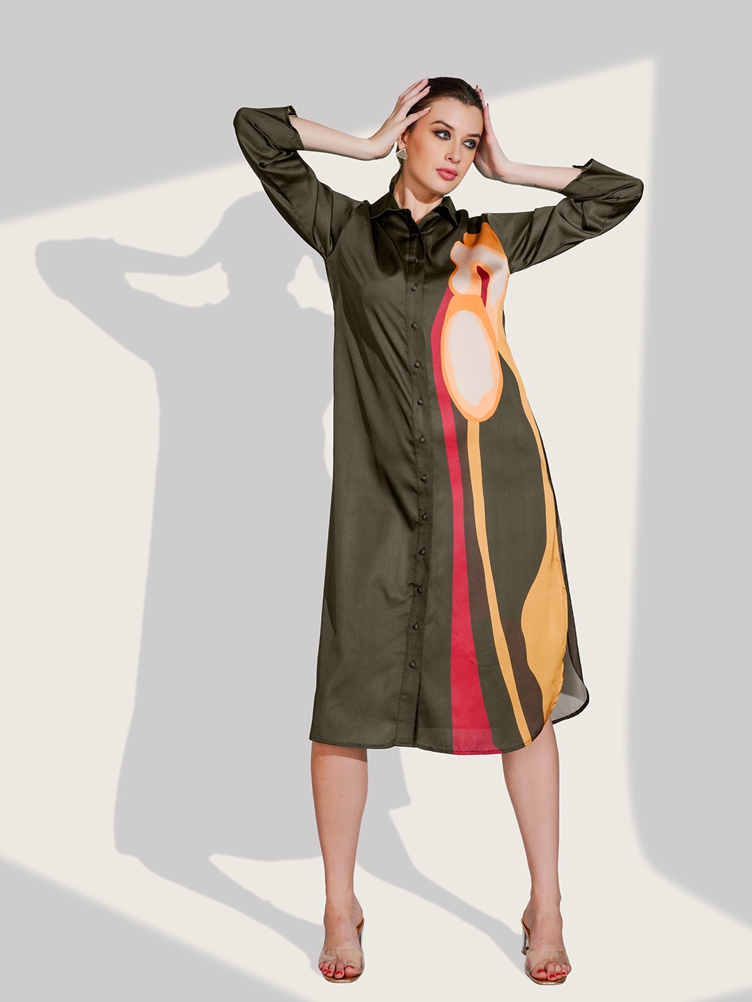 

Dora Dori Abstract Printed Satin Shirt Midi Dress, Olive